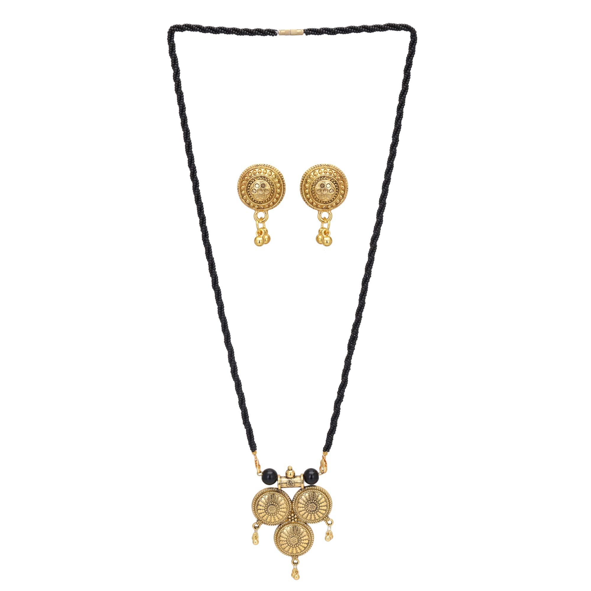 Antique Gold Polish CZ Stone Traditional Wedding Mangalsutra Necklace/Chain and Earrings Combo for Women by Shreyadzines