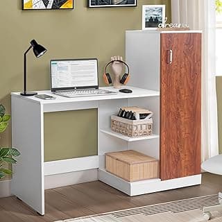 ABOUT SPACE Study Table with Cabinet-Computer Table with Bottom Storage Space DIY Engineered Wood Office Desk with Adjustable Shelves for PC Laptop Gaming (White, Oak Red -L 124 x B 44 x H 121.5cm)