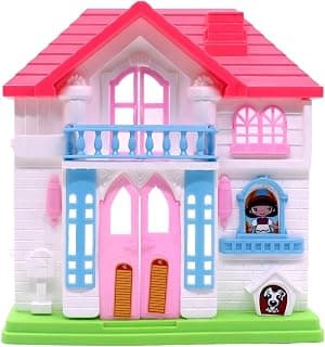 Plastic Dollhouse Toy for Girls, 2-Storey Dream House with Doll Figure, Pink and White, Pretend Play