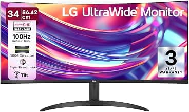 LG 34WR50QK 86.42 cm (34 Inch) 21:9 UltraWide WQHD (3440x1440) Curved Monitor(1800R), sRGB 99% (Typ.), HDR10, Anti-Glare, 3-Side Virtually Borderless, HDMI X 2, DP, HP Out, Tilt Adjustable,PBP, Black