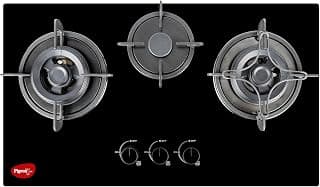 Pigeon Twinspark Hob 3 Burner Multi Spark Integrated Auto Ignition With Forged Burners, Scratch Resistant 6 mm Thick Toughened Glass Top For Easy Cleaning - Black