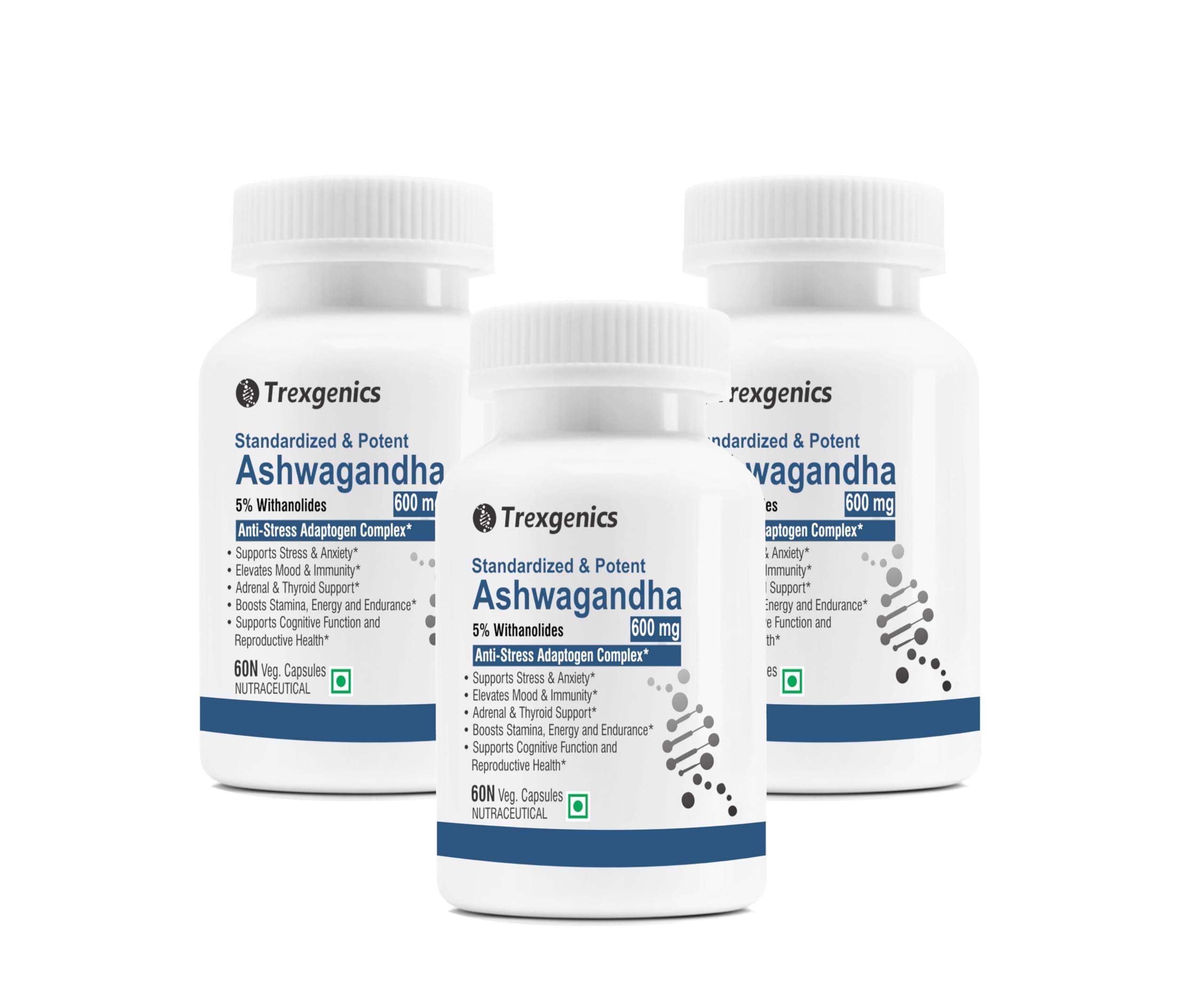 Trexgenics Ashwagandha 600 mg 5% Withanolides Stress, Thyroid, Energy, Sports Performance Support (60 Veg. Capsules) (Pack of 3)