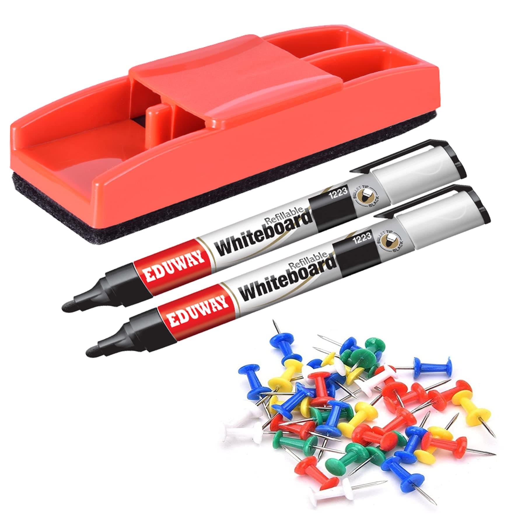 Eduway Combination Board Kit (50 Push Pins, 1 Non-Magnetic Duster, 2 Markers) |Compatible with Combination Non-Magnetic White Board and Notice Board ? (Multicolor)