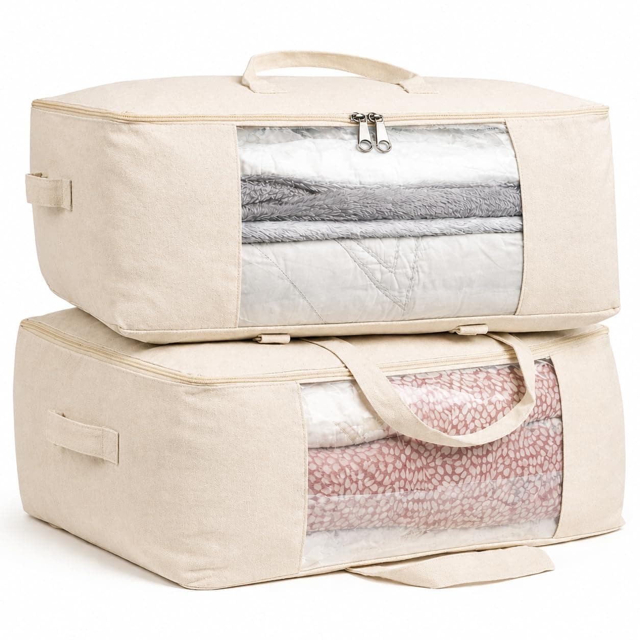 EliteOne Extra Large Cotton Canvas Storage Bag 25x18x8 inch with Zipper, 4 Handles & Window for Sarees, Pillows, Blankets & Seasonal Clothes as Wardrobe Organizer and Under Bed Storage | Pack of 2