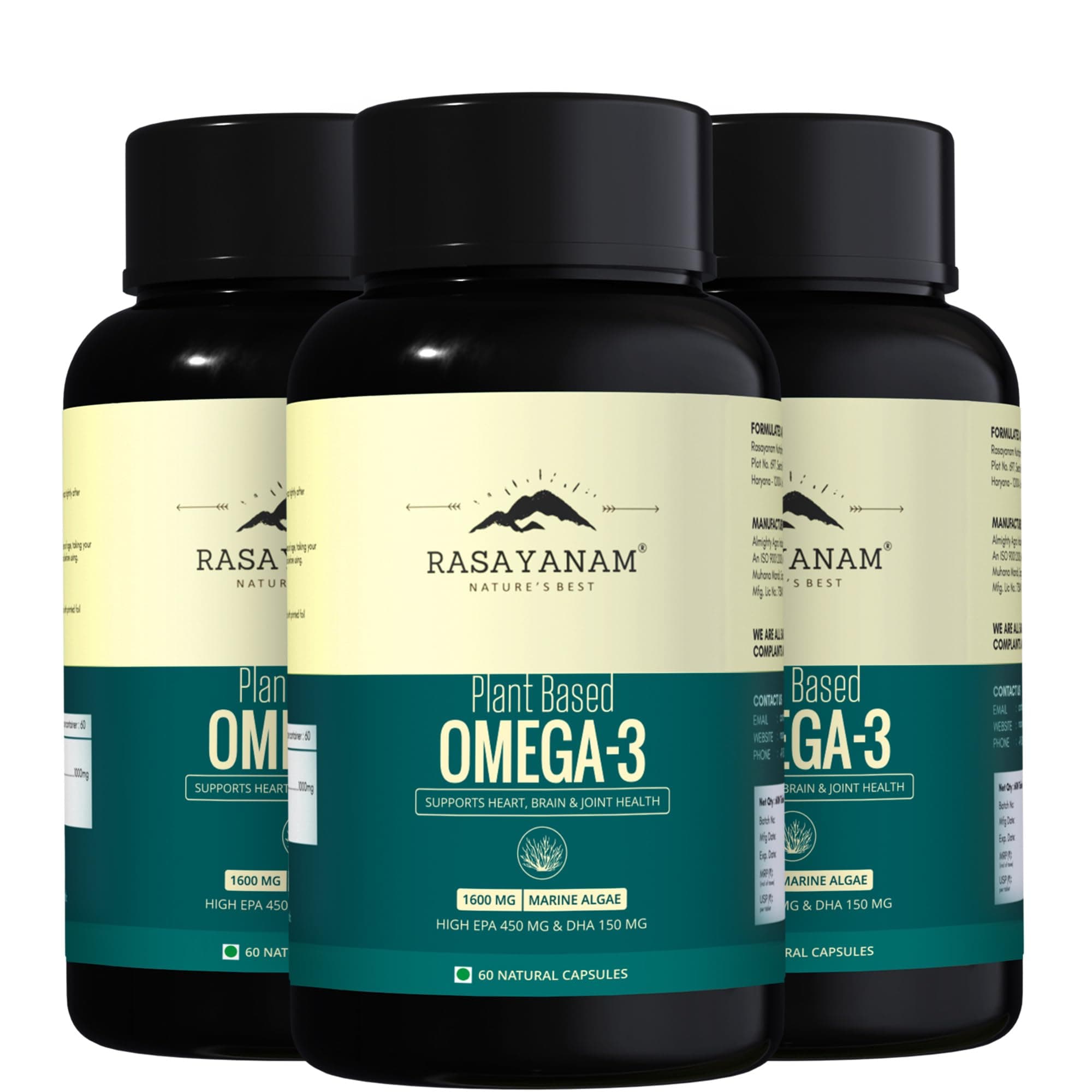 Rasayanam Plant Based Omega-3 Capsules, 1600mg | Gelatin Free, No Fish Oil, No Burps | 450mg EPA & 150mg DHA, Better Joint & Heart Health | Vegetarian Omega 3 Supplement - Pack of 3 (180 Capsules)