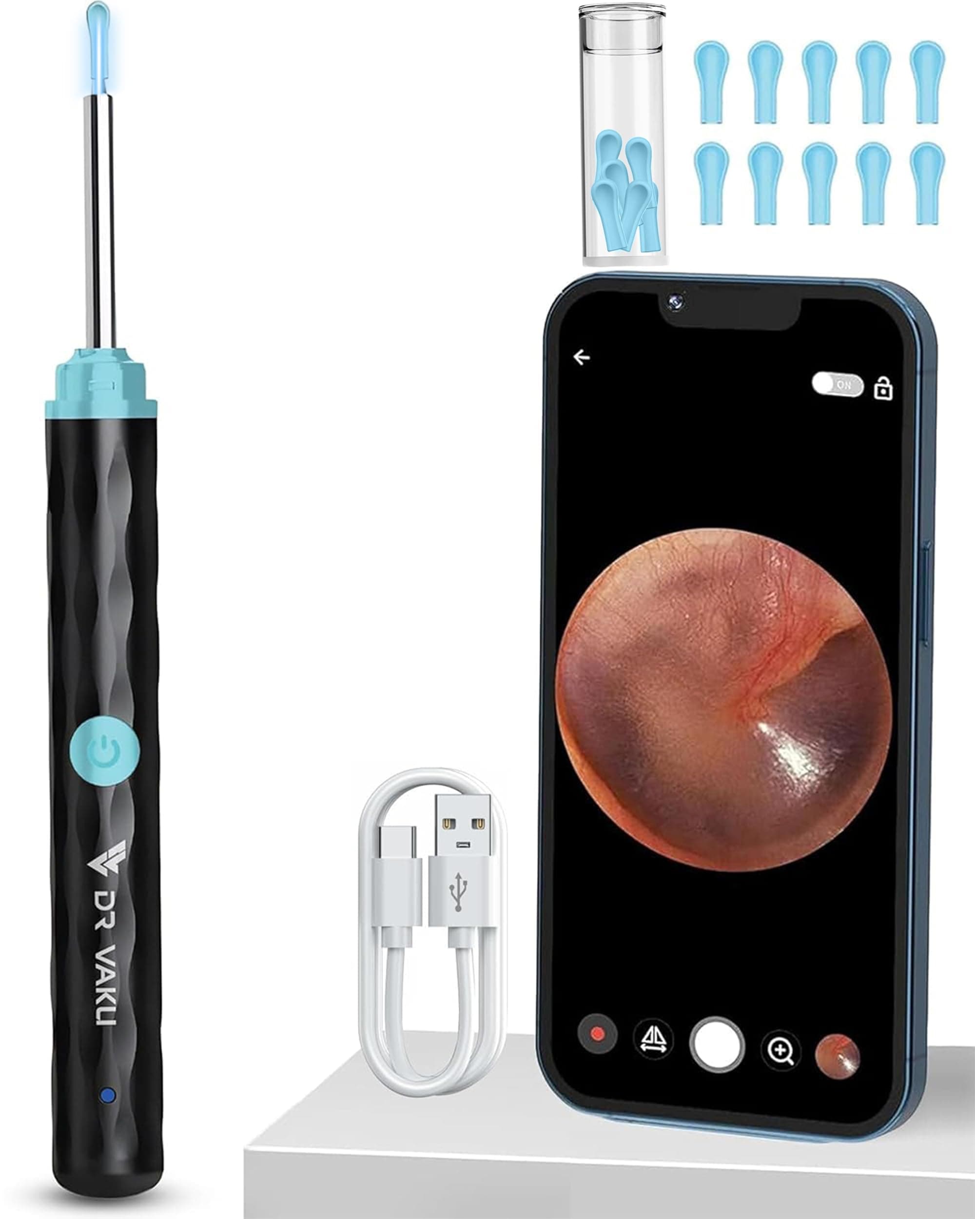 Dr Vaku® Earocam Ear Cleaner Earwax Removal Tool Kit with HD Camera Wifi Connection & 6 LED Lights Endoscope Tool for iOS & Android + 11 Silicone Tips Free (Black)
