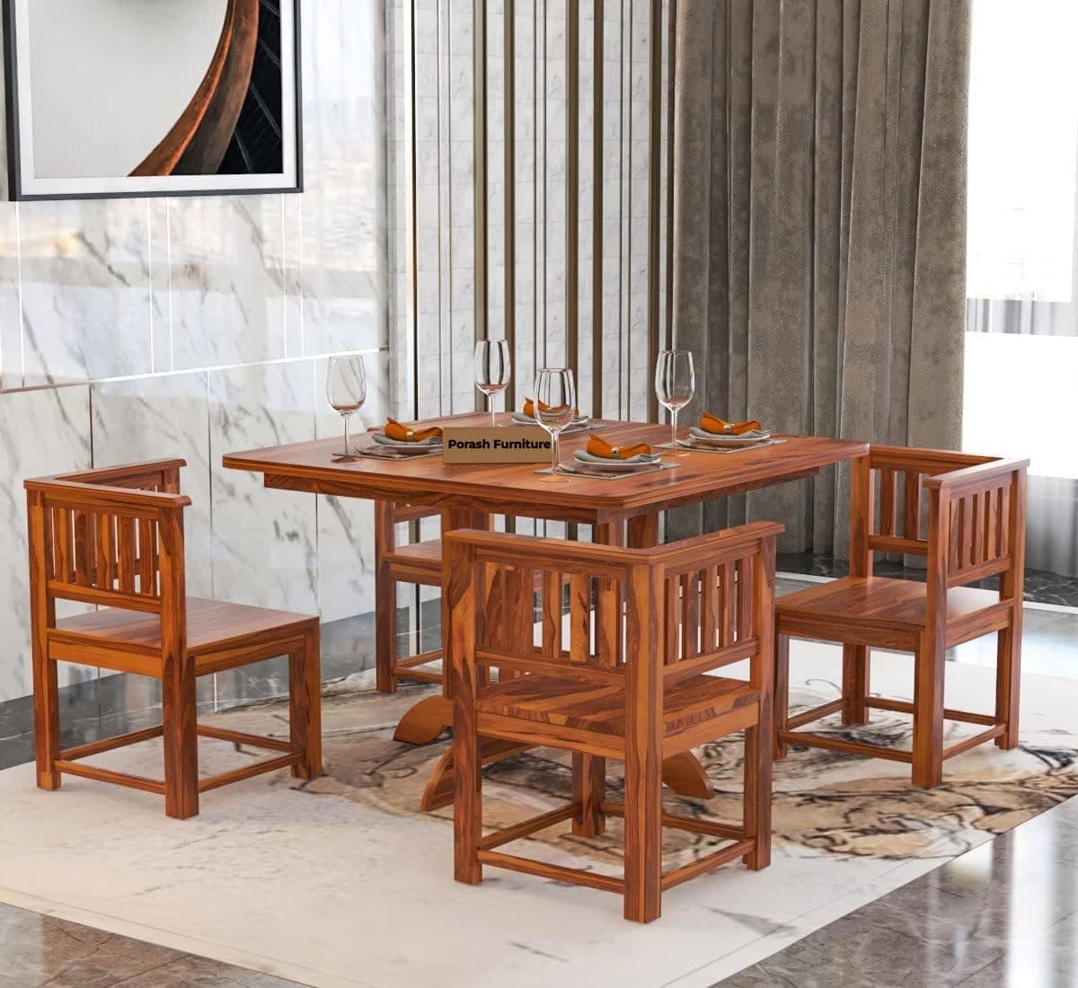 PORASH Furniture Sheesham Wood 4 Seater Dining Table with 4 Chairs for Living Room Home Office Dining Room Wooden Dininig Set (Natural Finish)
