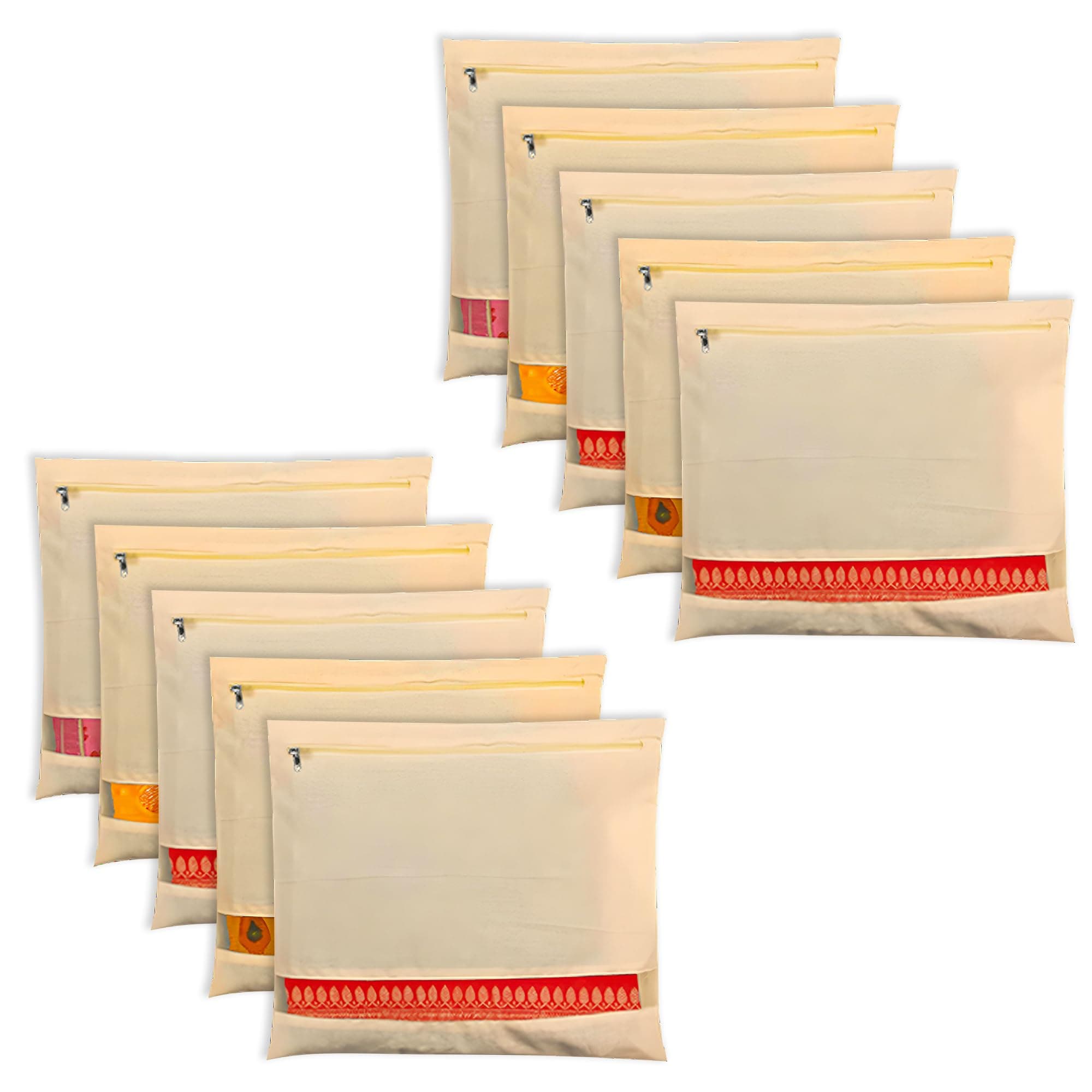 Amazon Brand - Solimo Cotton Saree Bags/Covers with Zip Closure|Wardrobe Organizer with Mesh Window|Single Size (14 x 16 inches)|Pack of 10, Beige