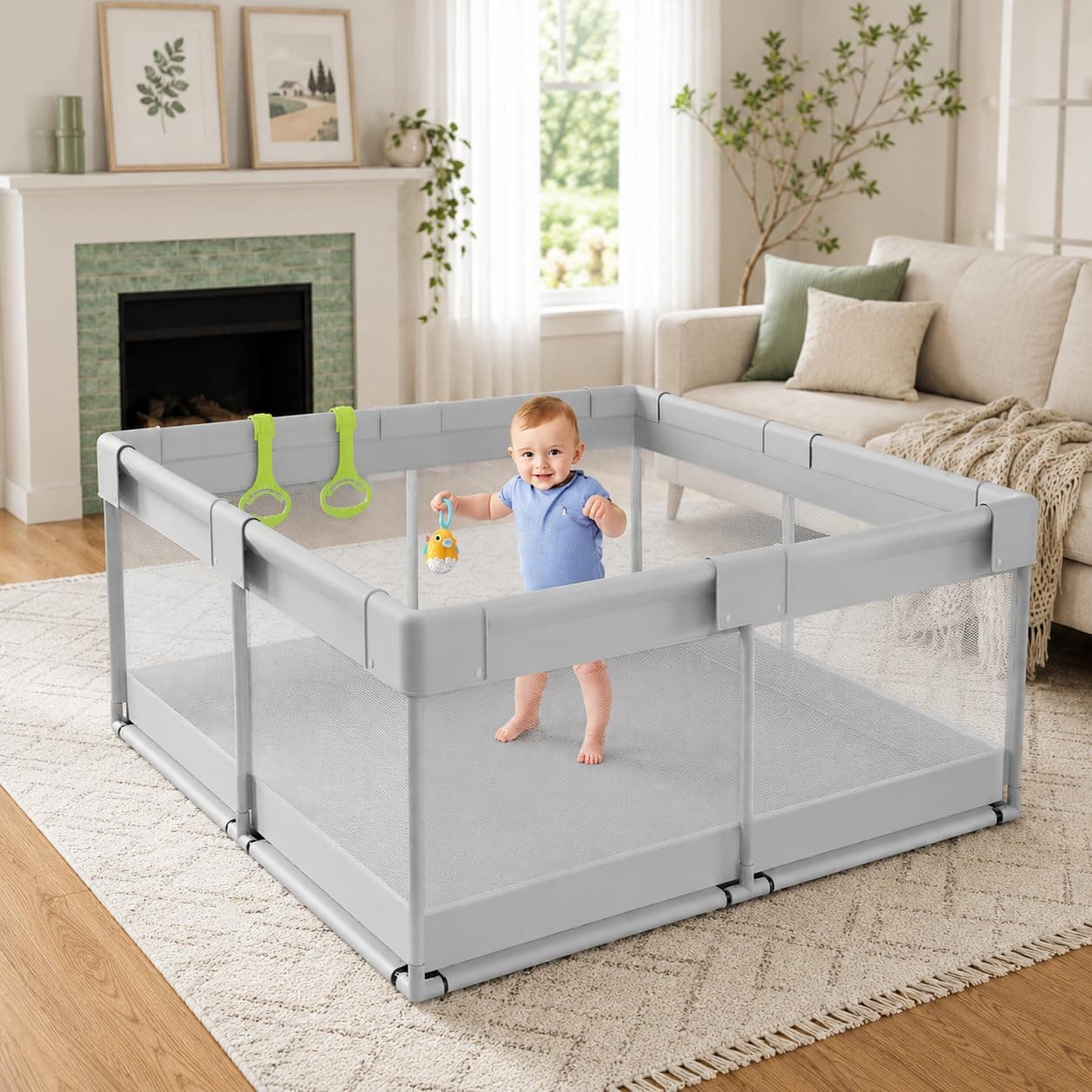 MONSTECH Large Baby Playpen 120x120cm Playpen for Babies up to 5 Years with Safety Lock, Breathable Mesh Playpen for Babies, Kids Activity Center (120 * 120)