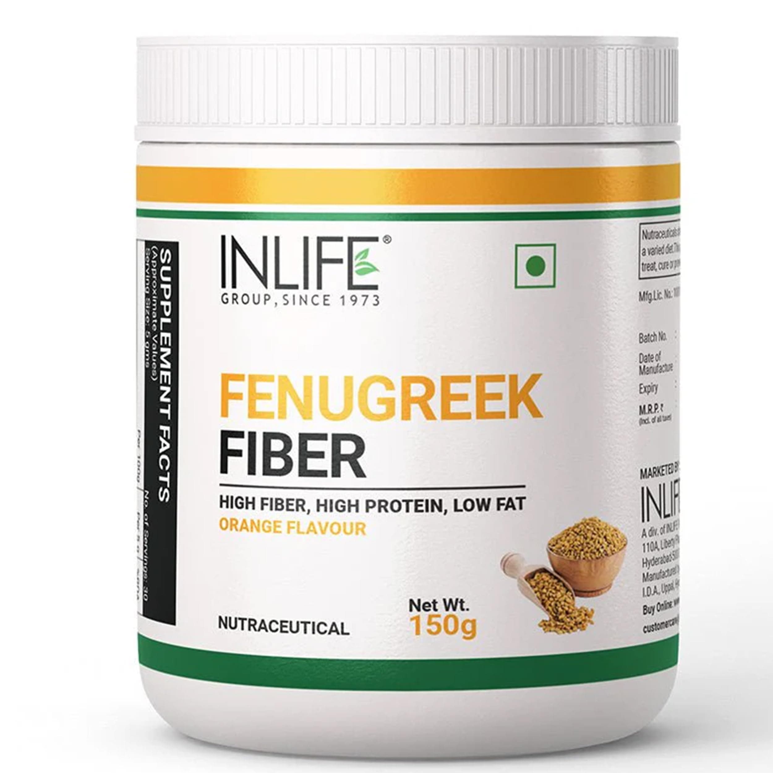 INLIFE Orange Fenugreek Fiber Powder, High Fiber & Protein, 150g | Debittered Fenugreek Fiber with 60% Fiber, 30% Protein, 1:1 Soluble to Insoluble Ratio; Supports Digestive Health