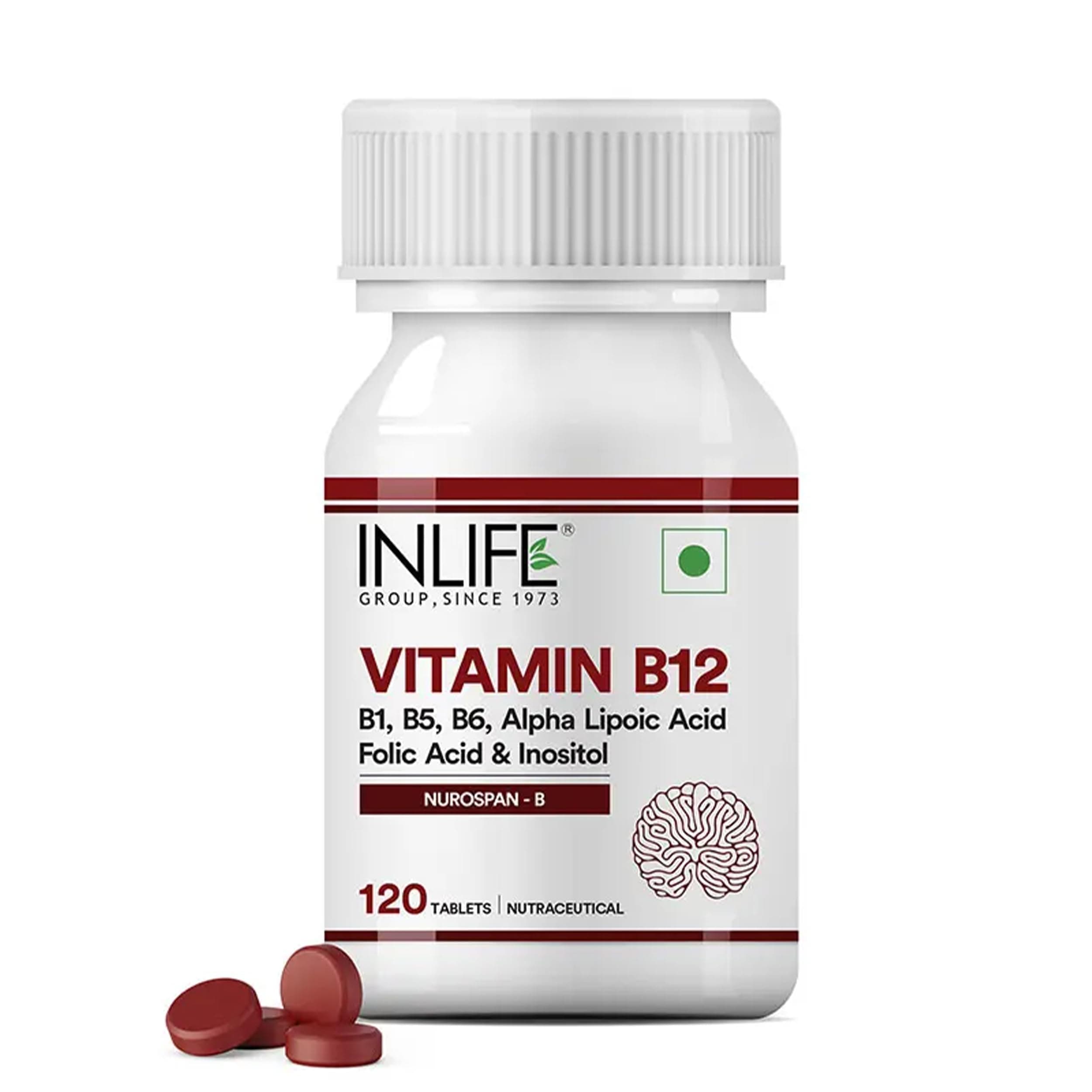 INLIFE Vitamin B12 Supplement Tablets with Alpha Lipoic Acid, 120 Count | B-Complex Formula, B1 B5 B6, Folate B9, Inositol Blend, Energy Metabolism, Nerve Brain Health, Immunity Support, Men Women