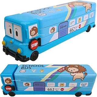 HIGH TRUSTED 2 In 1 Modern Cartoon Printed School Bus Shaped Pencil Compass Box With Wheels And Sharpener Metal Box Ideal For Kids And Childrens (Blue)