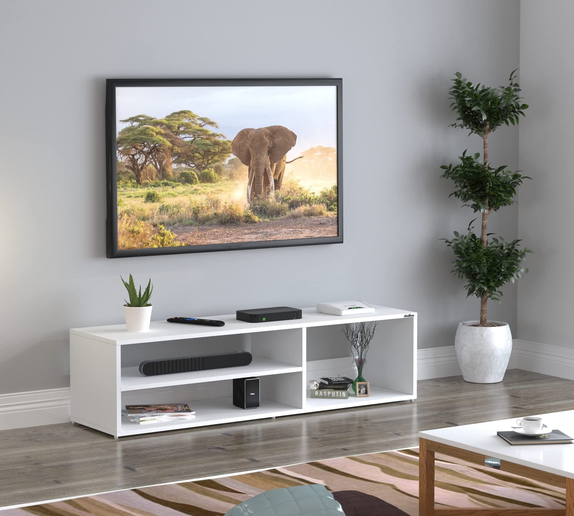 Anikaa Tyler Engineered Wood TV Unit/TV Stand/Floor Standing TV Unit/TV Cabinet/TV Entertainment Unit (White)(Ideal for Upto 55")(D.I.Y)