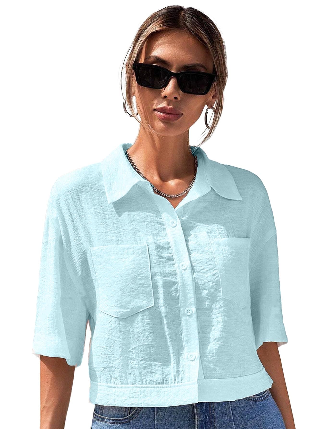 TOPLOT V-Collar Solid Crop Shirt for Women with Half Sleeves, Polyester, Regular Fit