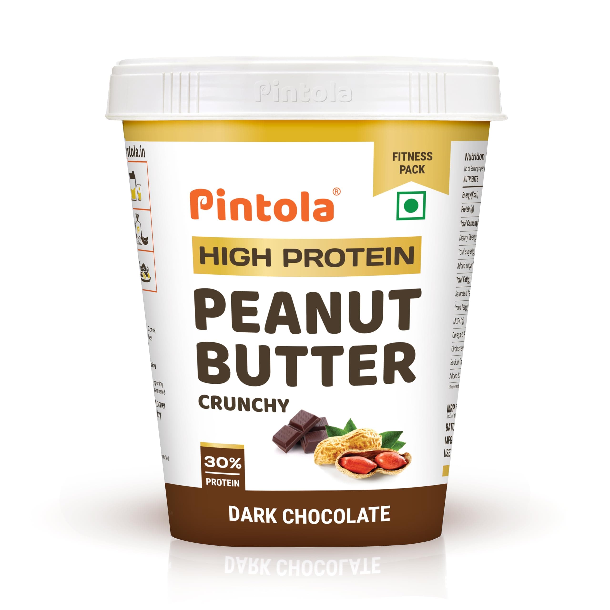 PINTOLA High Protein Peanut Butter Chocolate Flavour Crunchy 510g, Added WHEY Protein, 30g Protein 6.2g Fiber, Gluten Free, Zero Trans Fat, Dark Chocolate Peanut Butter Spread, Nut Butter Bread Snacks