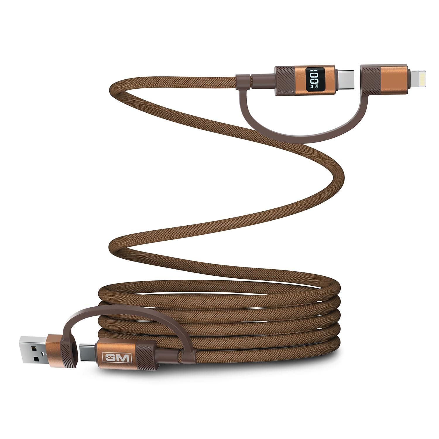 GM G+ Flash 4-in-1 Magnetic Charging Cable | 100W PD Fast Charging for Laptops, Macbook, Tablets & Phones |Smart LED Watt Display | 480Mbps | Type-C, Type-A & Lightning | Self-Winding Braided | 120cm