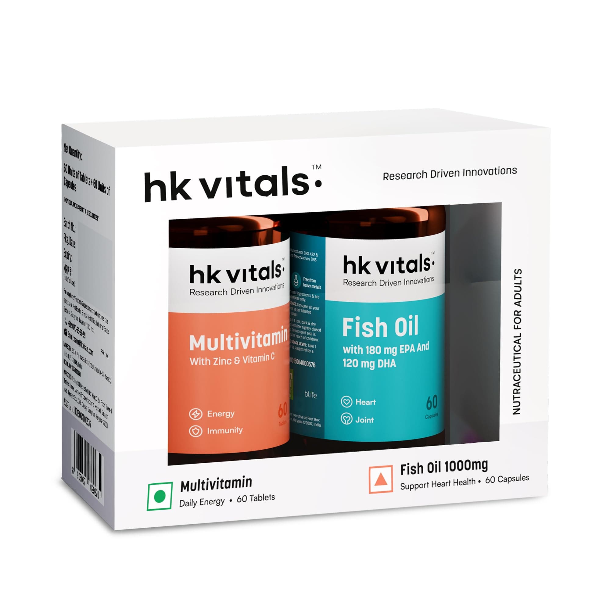hk vitals Fish Oil and Multivitamin (60 Tablets Each) Combo Pack | 1000mg Omega 3 with 180mg EPA & 120mg DHA | Enhances Energy, Immunity & Joints Health