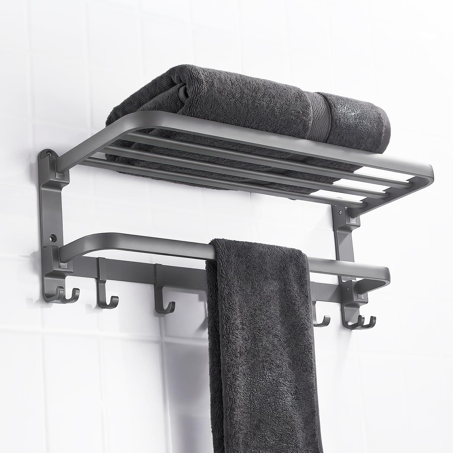 Amazon Basics Foldable 24 Inch Towel Rack for Bathroom – Wall Mounted Space-Saving Aluminum Towel Holder with Double Tier Shelf, Rod & Hooks – Rustproof Bathroom Accessories