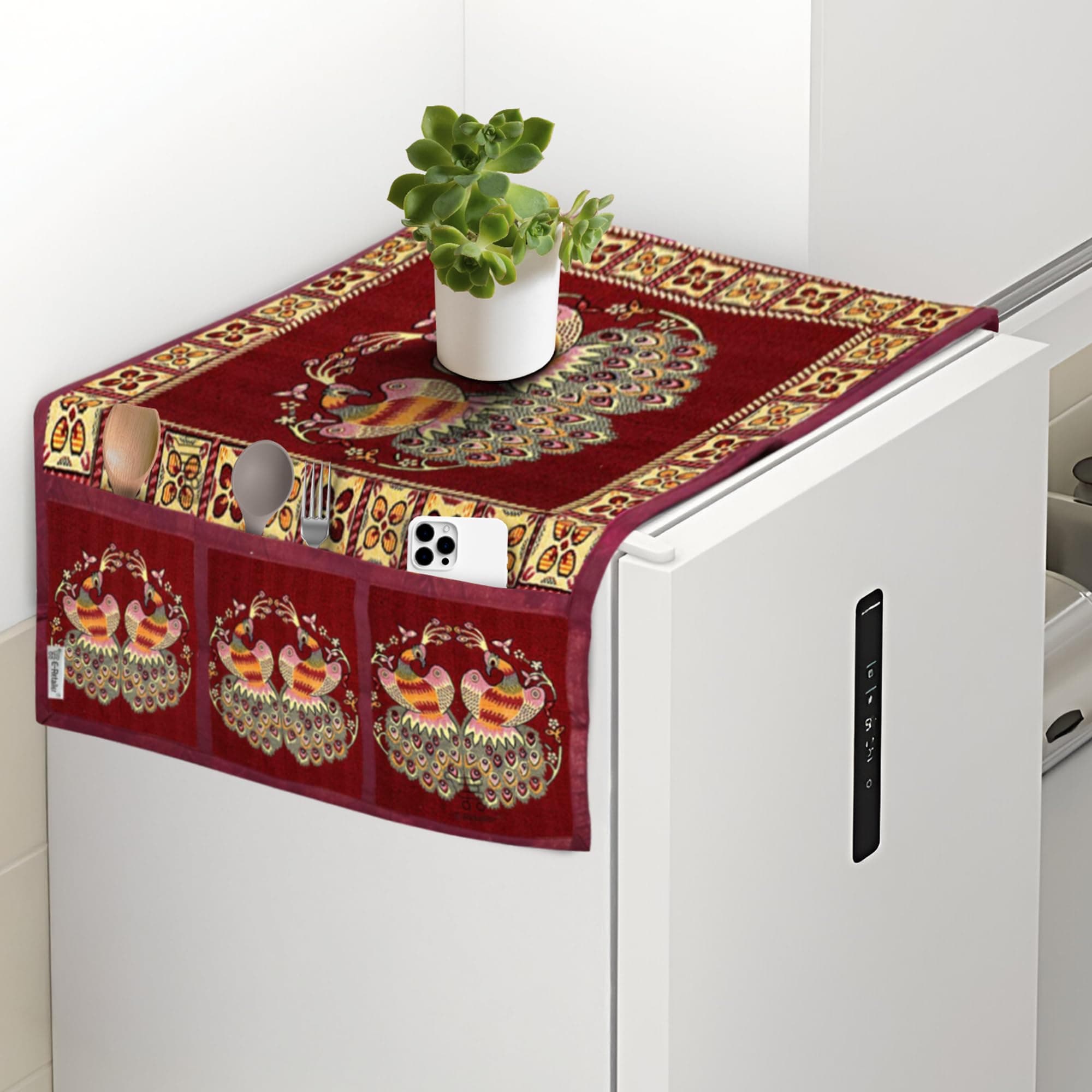 E-Retailer® Polyester 2-Layered Fridge Top Cover/Refrigerator Cover with 6 Utility Pockets (Color-Red, Size-39x21 Inches)