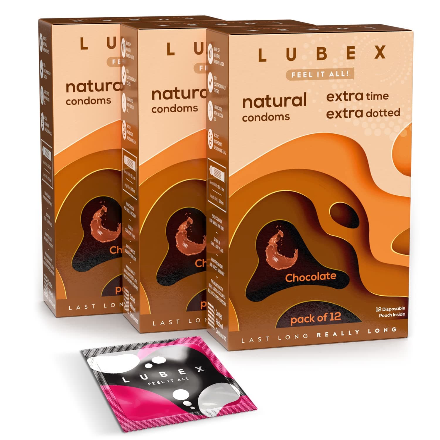 Lubex 6 in 1 Extra Time Condoms - Long Lasting with Disposable Bags - Ultra Thin & Extra Dotted - Chocolate Flavour - 36 Condom (Pack of 3)