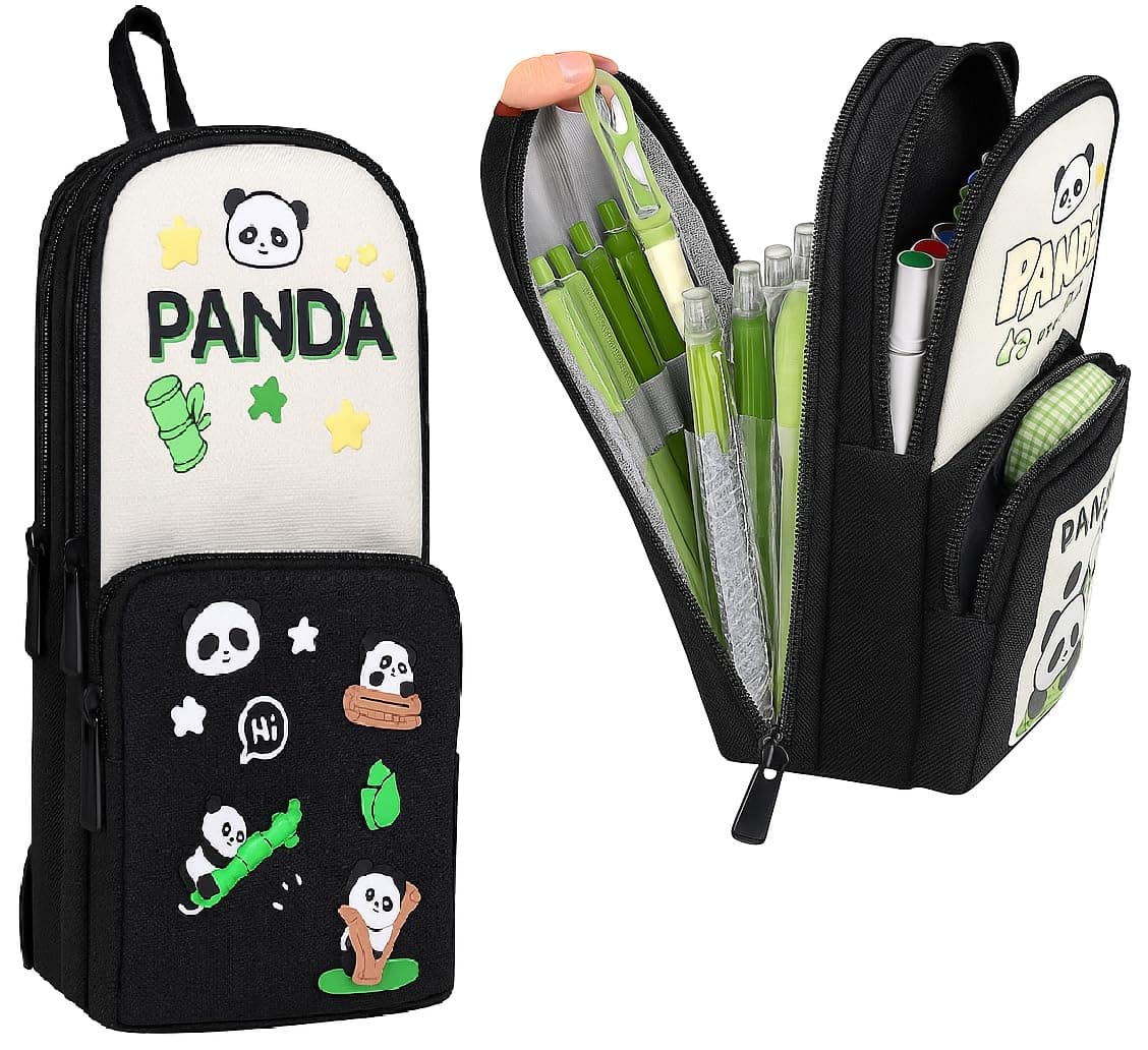 Sanghariyat® Black Panda Pencil Case 6 Layer with 3 Compartment Cute Aesthetic Pencil Case for Boys & Girls Large Capacity Pencil Pouch for School Kids Cute Stationary Gift Organizer for School