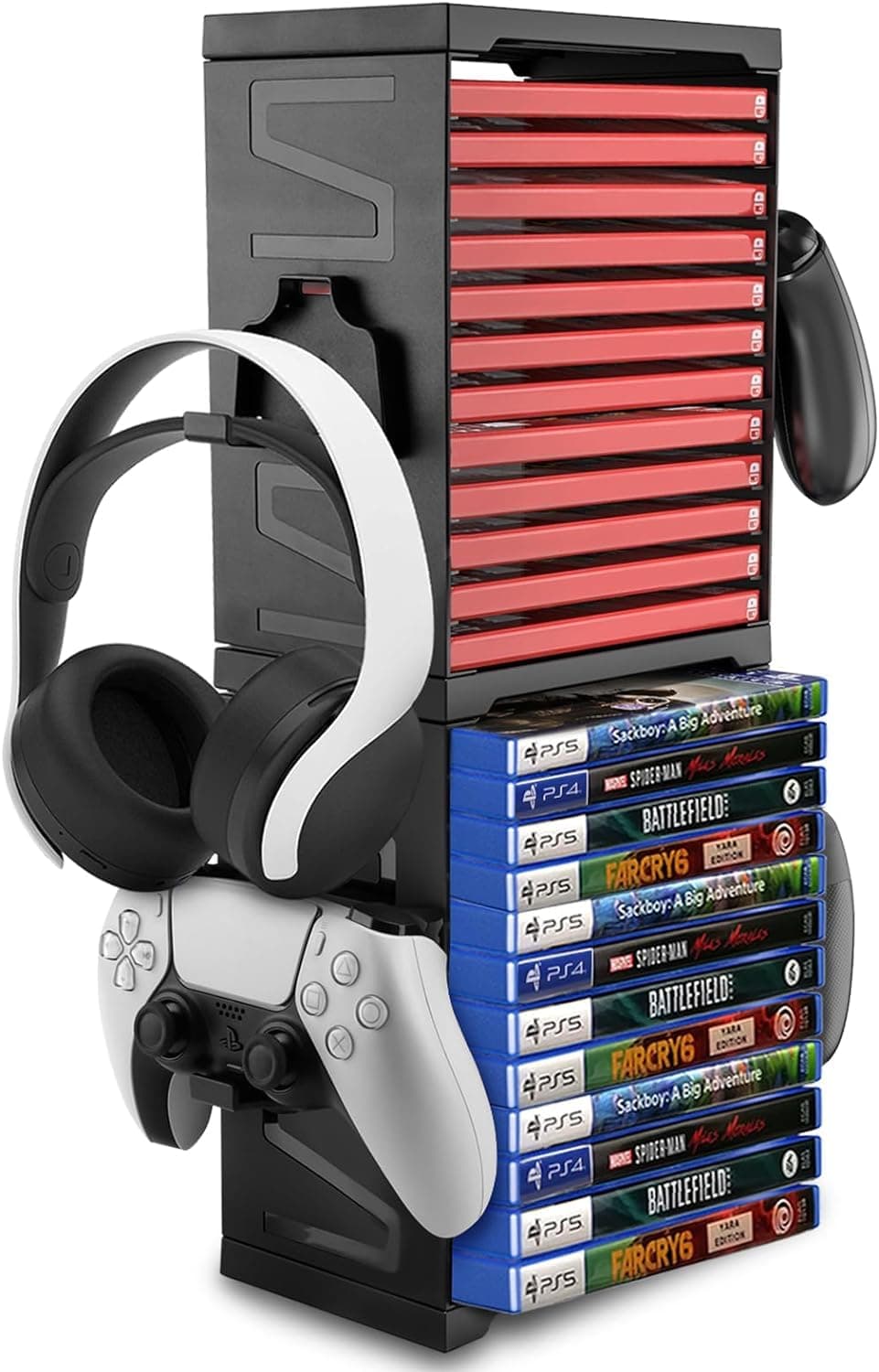 New World Game Storage Stand Tower for PS5/ PS4/ Xbox Series S & X/Xbox, Universal Video Games Discs Organizers 24 PCS with 4 Controllers Holder, Game Disk Box Stand Rack Accessories - Black