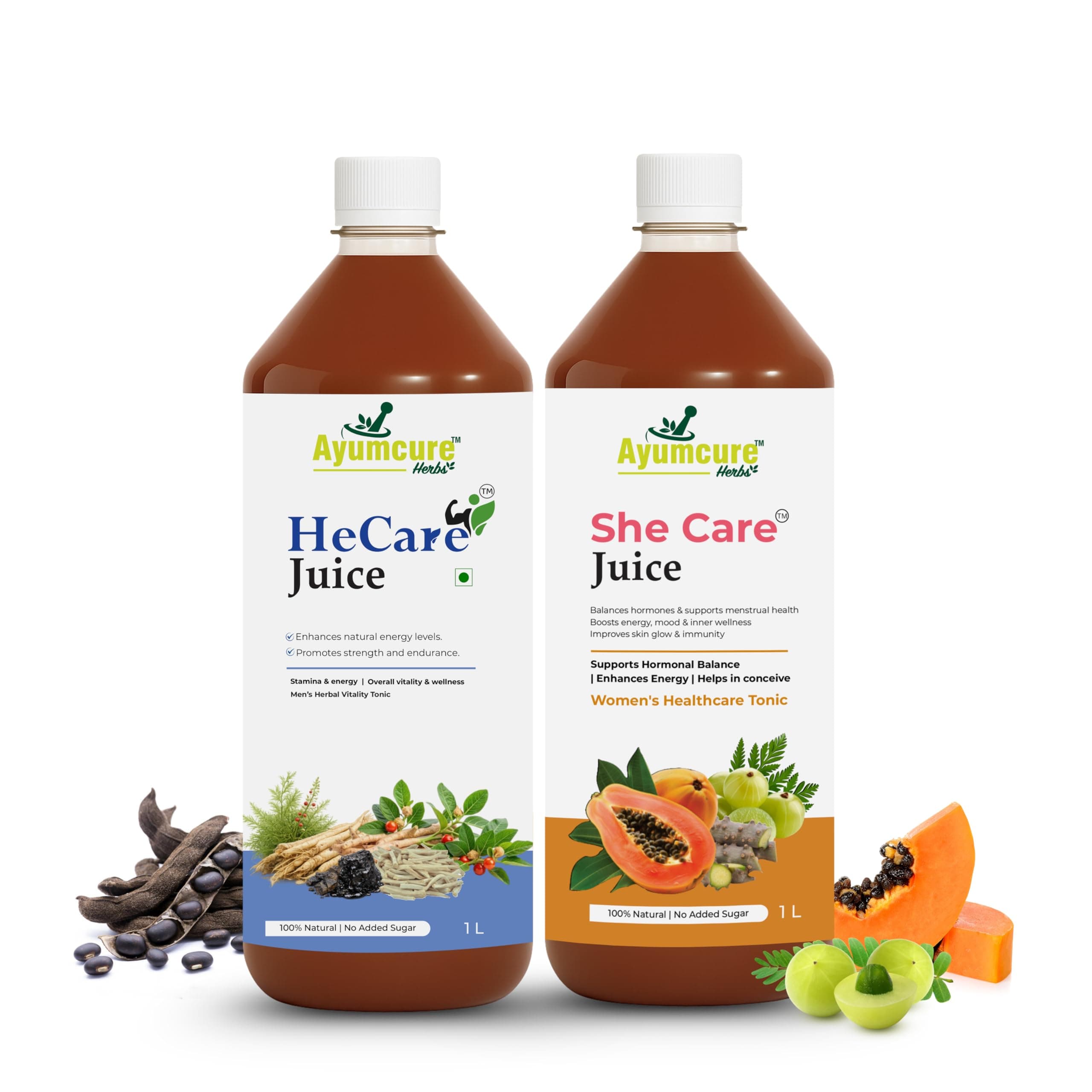 Ayumcure 1L HeCare + 1L SheCare Juice Combo | Ayurvedic Herbal Couple Wellness Pack | Supports Energy, Vitality & Daily Wellness | With Ashwagandha, Shilajit, Safed Musli, Ashok Chaal & Amla | 100% Natural | No Added Sugar