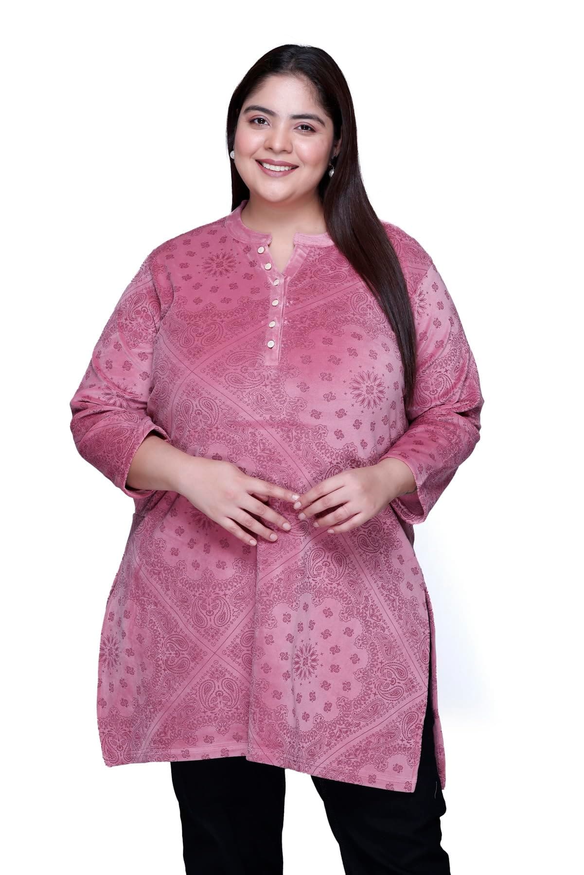 RYSH Women's Velvet All-Over Printed Plus Size Printed Kurti 3/4 Sleeves | Velvet fabric - comfortable kurti with easy plus-size fit