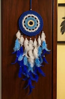 Handmade Crochet Dream Catchers for Decoration-Wall Hangings for Home Decor Kids Room Bedroom Livingroom Balcony Peacock Feathers Hanging Dreamcatcher Windchimes (Pack of 1, 15LX48Hcm) (Blue)