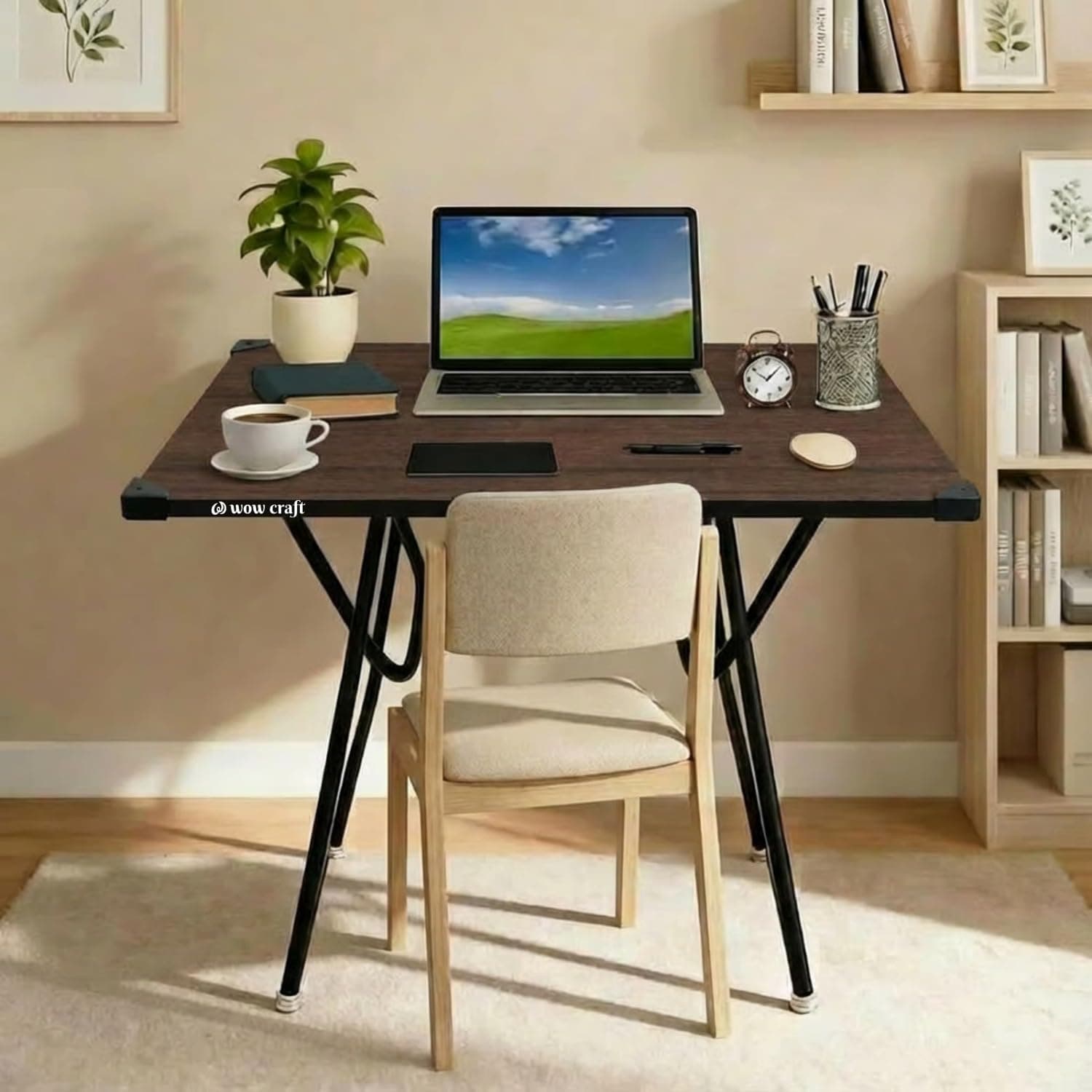 Mighty Home Multipurpose Foldable Study Table | Laptop Desk for Home & Office | 2-Seater Dining Table | Portable Design | Safe Corner Protection | Engineered Wood Top & Metal Frame | Brown