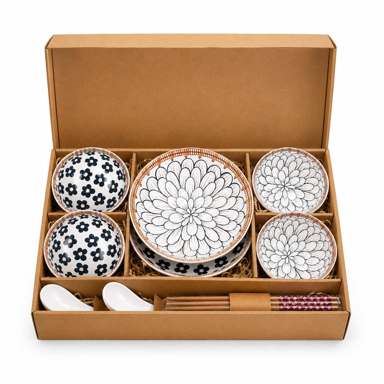 DANSR Japanese Ceramic Dinner Set 14 Pieces Ramen Bowl and Plates Set with 4 Bowls 2 Plates 4 Spoons 4 Chopsticks Microwave and Dishwasher Safe Crockery Set for Home and House Warming Gift