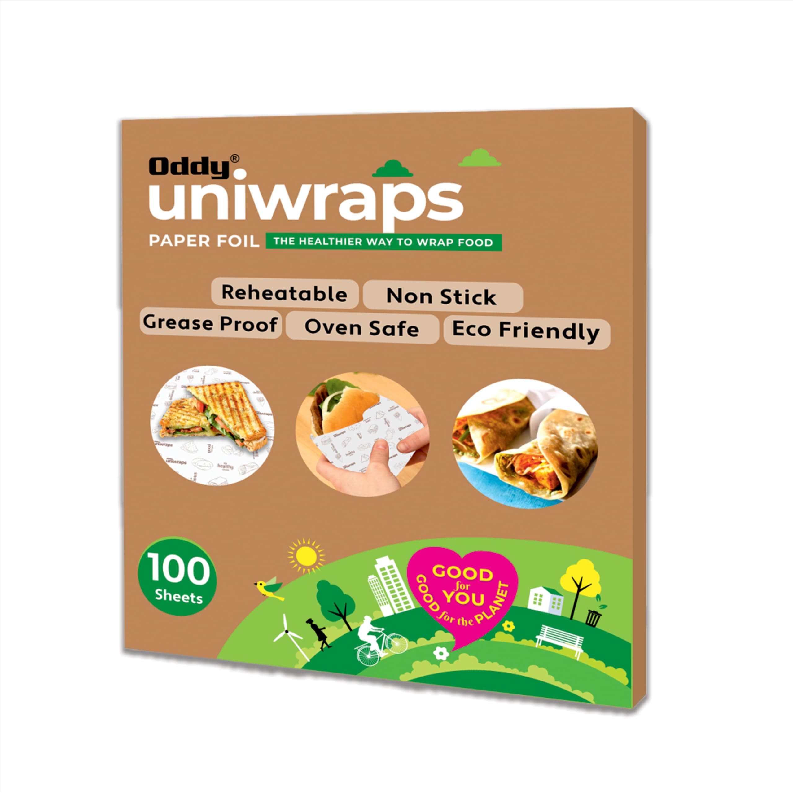 Oddy Uniwraps Food Grade Wrapping Paper Sheets | 10’’x12’’ Pack of 100 Pre-Cut Sheets | Bio-degradable & ISO Certified Paper | The Healthier Way to Wrap Roti, Parantha, Sandwich, Burger & More!