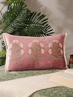 Pink & Green Floral Embroidered Velvet Rectangle Cushion Cover | Elegant Decorative Pillow Cover | Soft Premium Velvet | 12x18 Inch