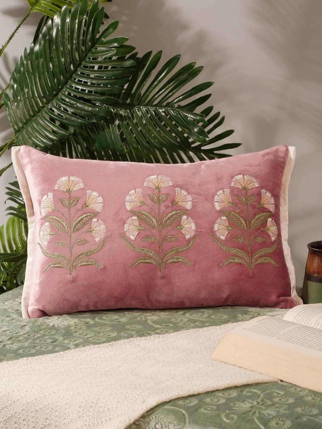 NISRAG HOME Pink & Green Floral Embroidered Velvet Rectangle Cushion Cover | Elegant Decorative Pillow Cover | Soft Premium Velvet | 12x18 Inch