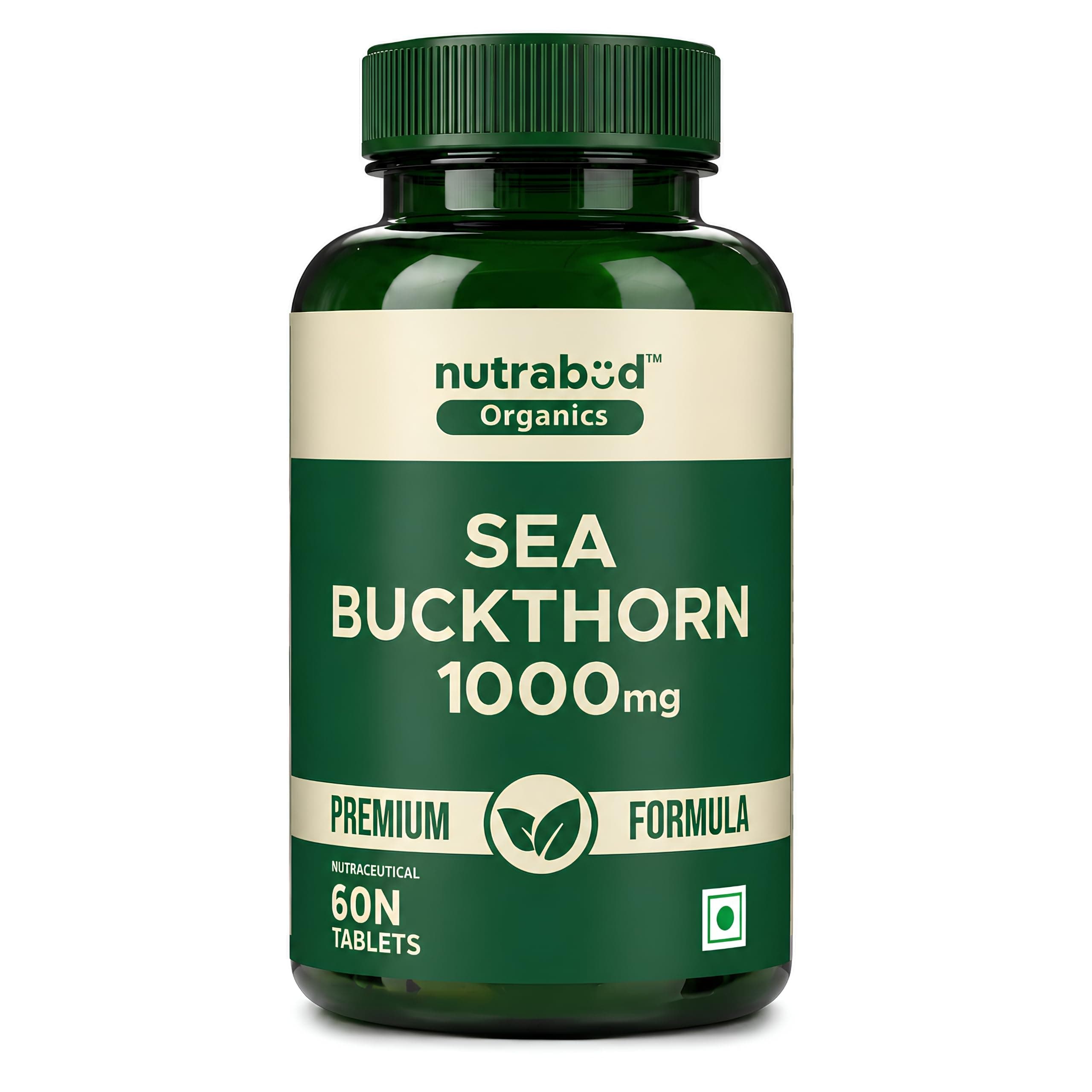 Nutrabud Organics Sea Buckthorn Berry Powder Capsules 1000mg - 60 Veg Tabs - Natural Source of Vitamin-A,C,E,K, Omega-3,6,7,9 & Antioxidants for Skin Glow & Collagen Boost (60 Count (Pack of 1))