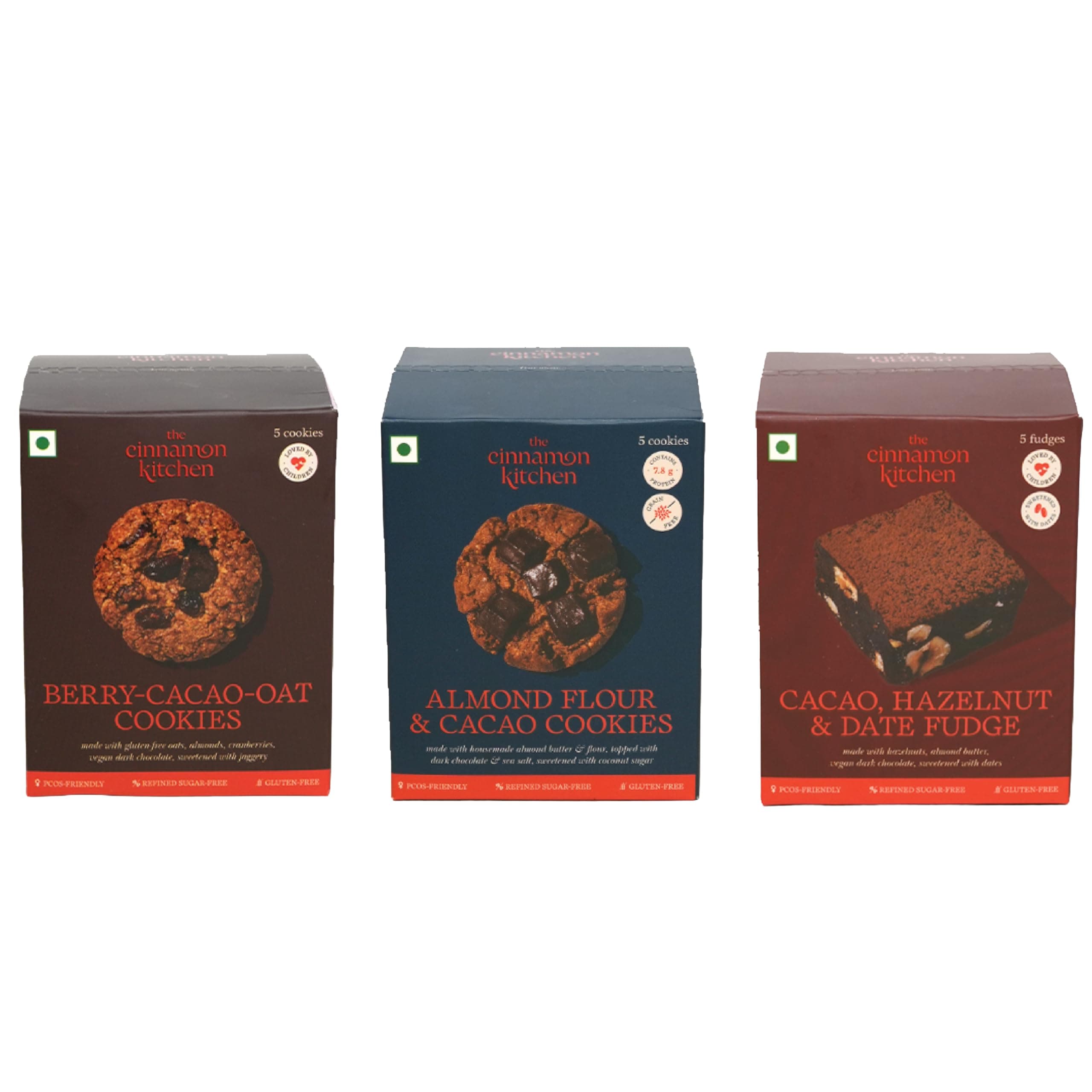 The Cinnamon Kitchen Gourmet Snack Box (490g) | Date & Hazelnut Fudge + Almond Flour Choco Cookies + Berry Cacao Oat Cookies | Gluten-Free | No Refined Sugar | protein biscuit| Healthy Treat Combo