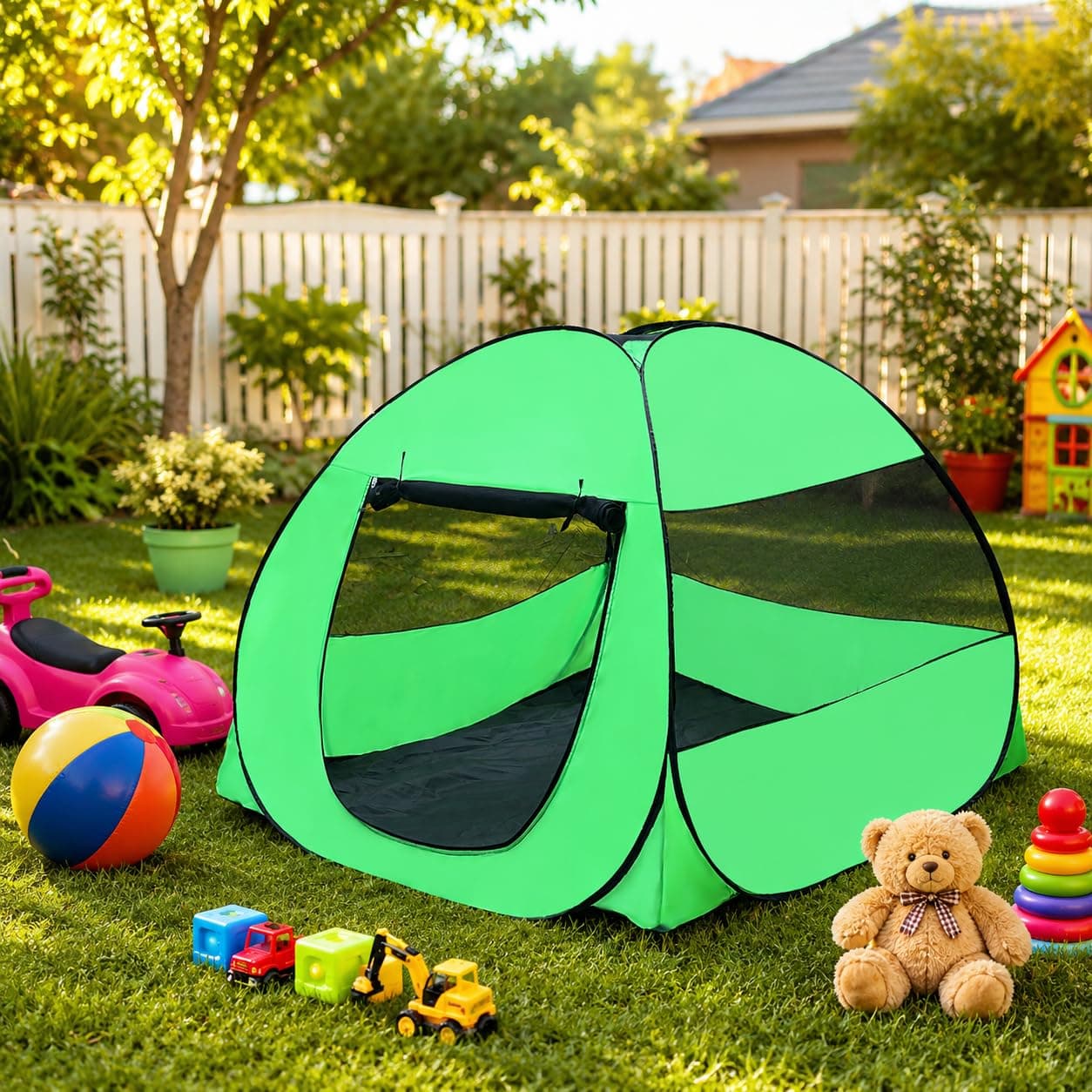 SILVER SHINE Multicolor Foldable Kids Play Tent House | Pop-Up Tent with Mosquito Net | Fun Indoor & Outdoor Playhouse for Boys & Girls (Up to 10 Years) - Dark Green