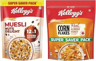Kellogg's Combo, Corn Flakes Real Almond And Honey, 1 Kg And Kellogg'S Muesli With 20% Nuts Delight Pouch, 750 G