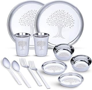 Limetro Steel Stainless Steel Dinner Set for 2 Persons | Complete Indian Thali Set with Plates, Bowls/Katori, Glass, Spoon & Fork | Tree Design Steel Dinnerware for Home (Set of 12- Serves 2)