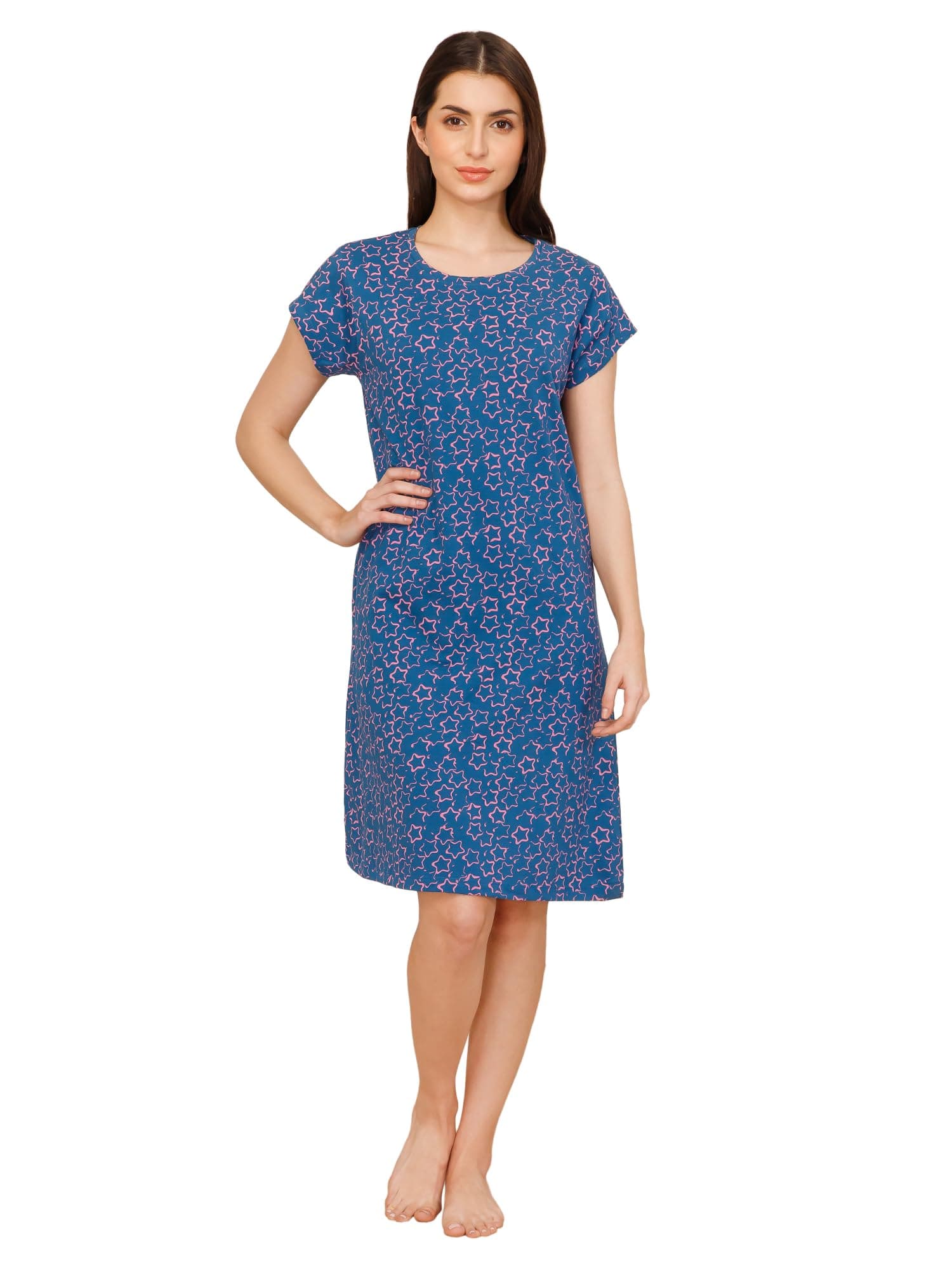 Mushy Mod Women's Cotton Star Print Knee Length Night Dress/Night Gown/Short Nighty - MM-3001