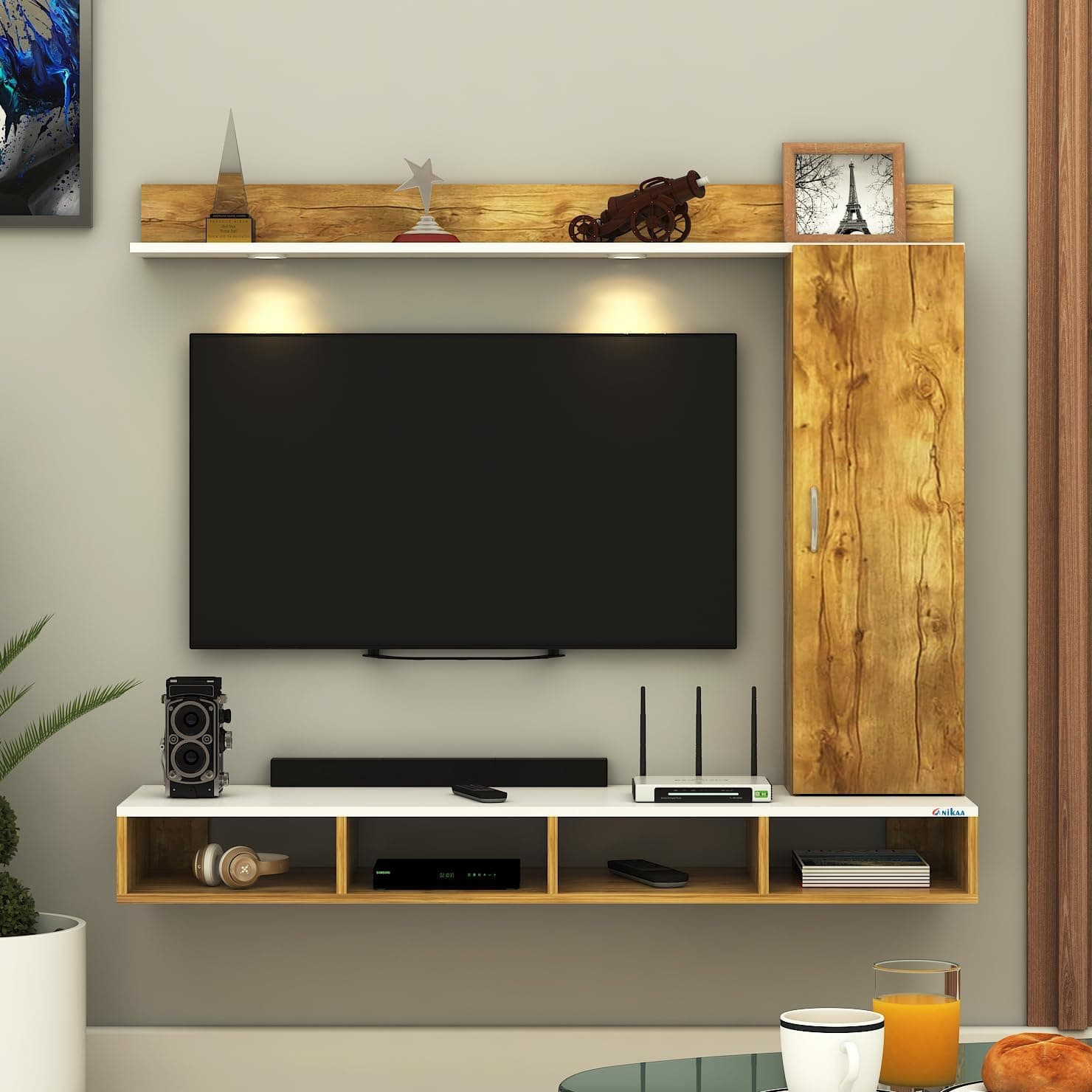 Anikaa Dorex Engineered Wood Wall Mounted TV Unit with LED Lights, Storage Cabinet & Display Shelf for Living Room | Ideal for Upto 55 Inch TV- Giantwood/White(DIY Installation)