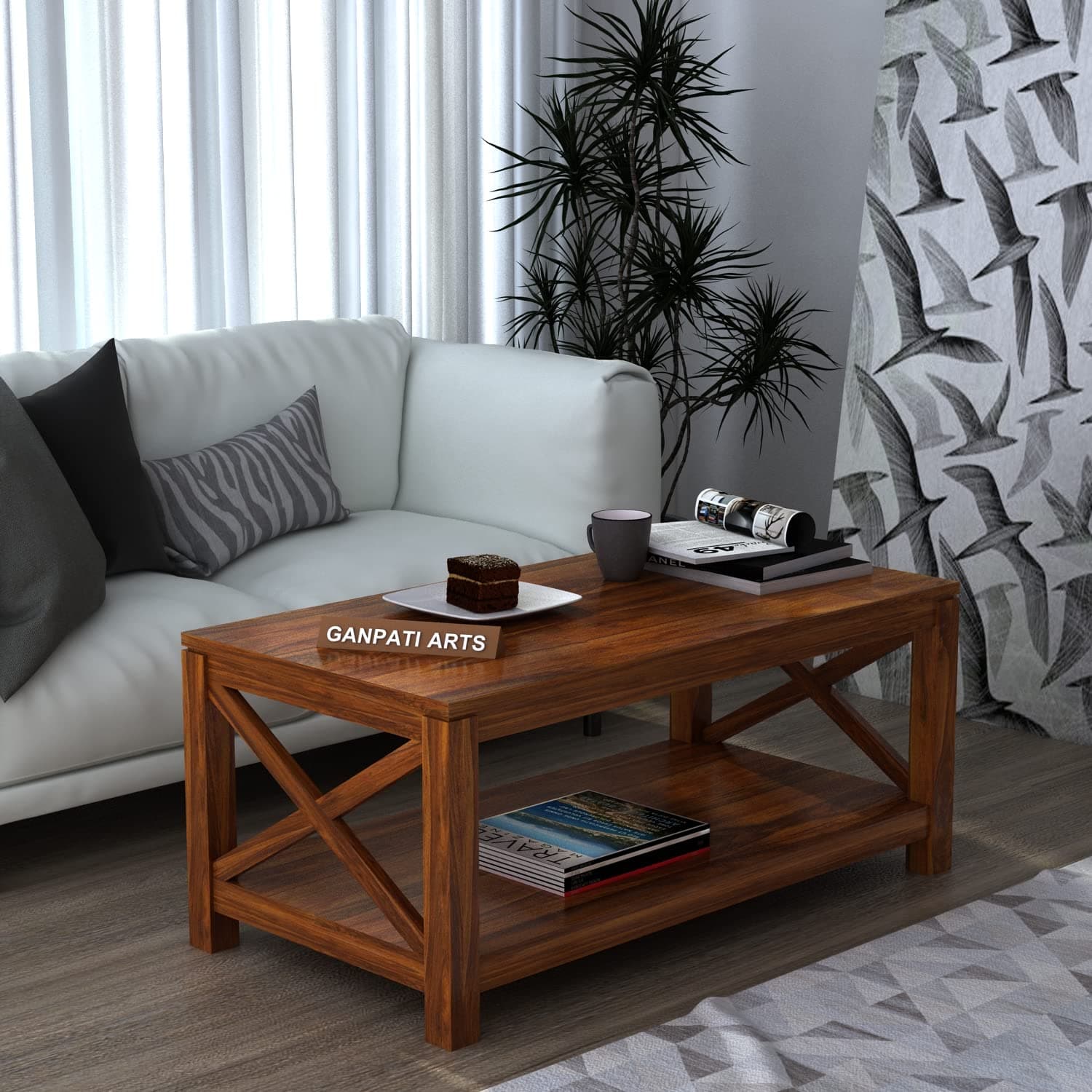 Ganpati Arts Solid Sheesham Wood Centre Coffee Table for Living Room Wooden Teapoy for Home (Natural Finish) 1 Year Warranty
