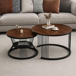 Brown Art SHOPPEE Round Coffee Table Home Décor Furniture Coffee Table Sets,2 Piece MDF Top,Stacking Nesting Table with Iron Frame for Living Room Living Room or Lounge (Black Brown)