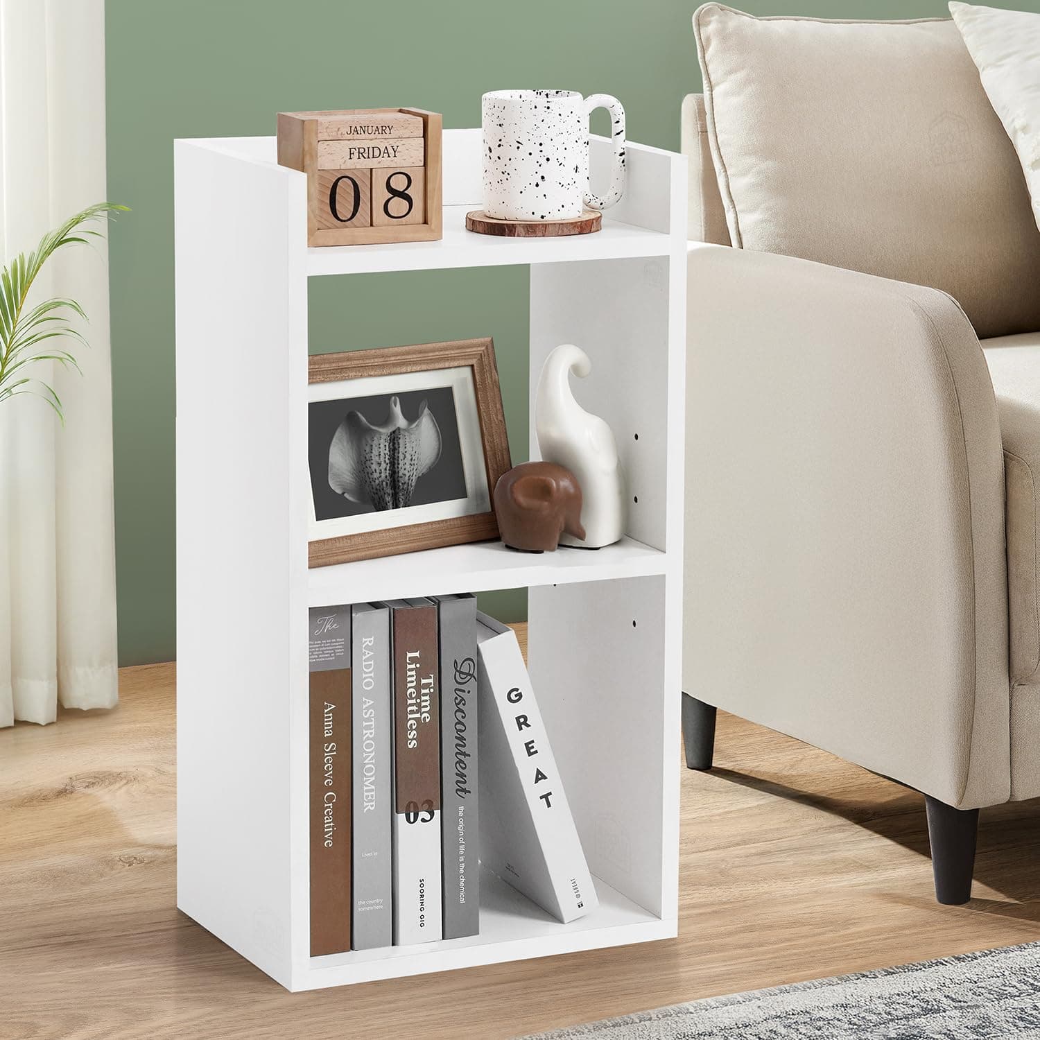 ABOUT SPACE Side Table - Bed Side Tables for Bed Room with 2 Adjustable Shelves | DIY Engineered Wood Night Stand with Storage, Open Display End Table for Home Office(L 33 x B 24 x H 61.5 cm - White)