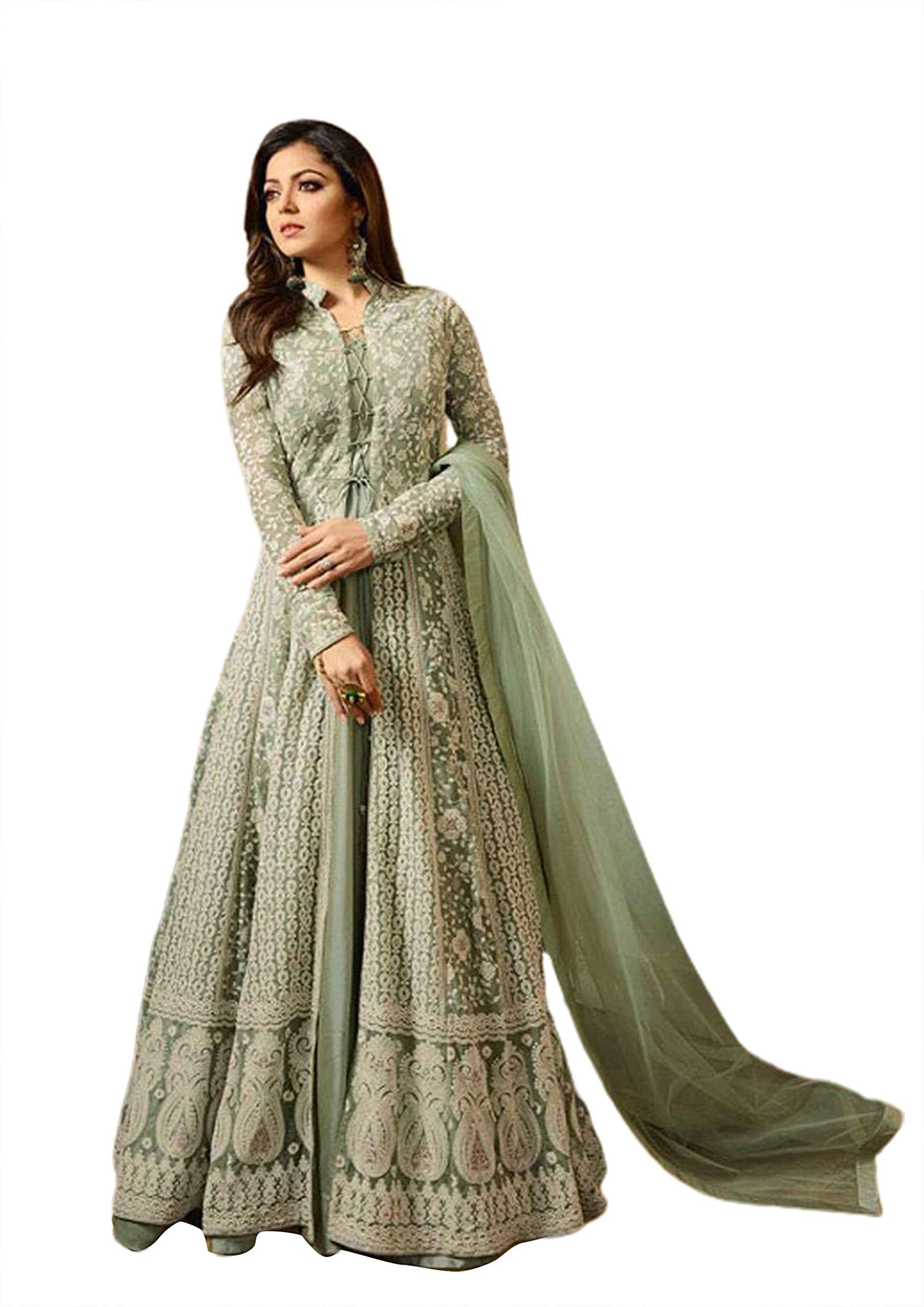Miss Ethnik Women's Light Green Banglory Silk Semi Stitched Top With Unstitched Santoon Bottom and Net Dupatta Solid Flared Top Dress Material (Gown) (ME-1-945-Light Green)