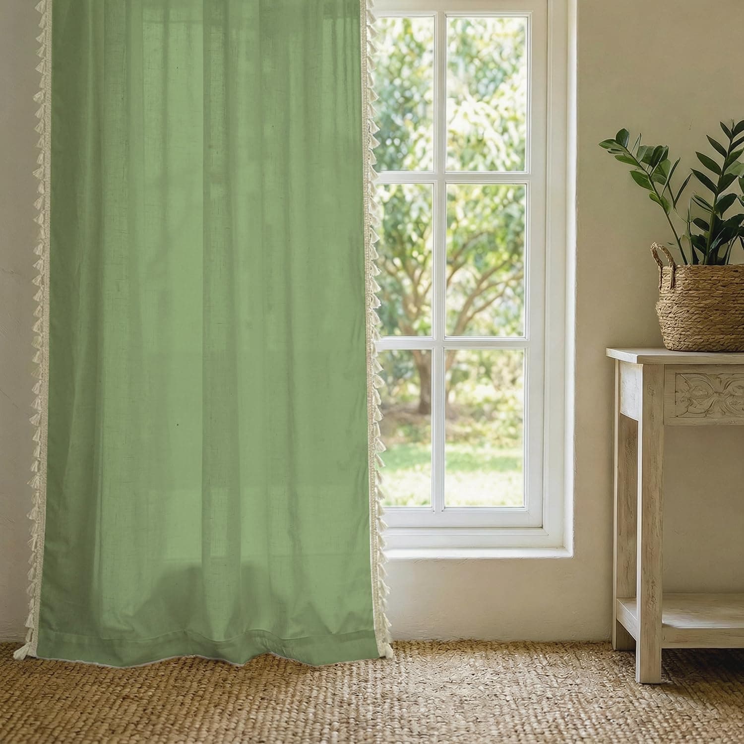 Urban Space Bohemian Curtains for Door, 100% Cotton Curtains 7 Feet Long Pack of 1 Decorative Curtain with Tassels, Tieback & Eyelets Included, 60-65% Room Darkening (Aura Green, Door - 7 feet)
