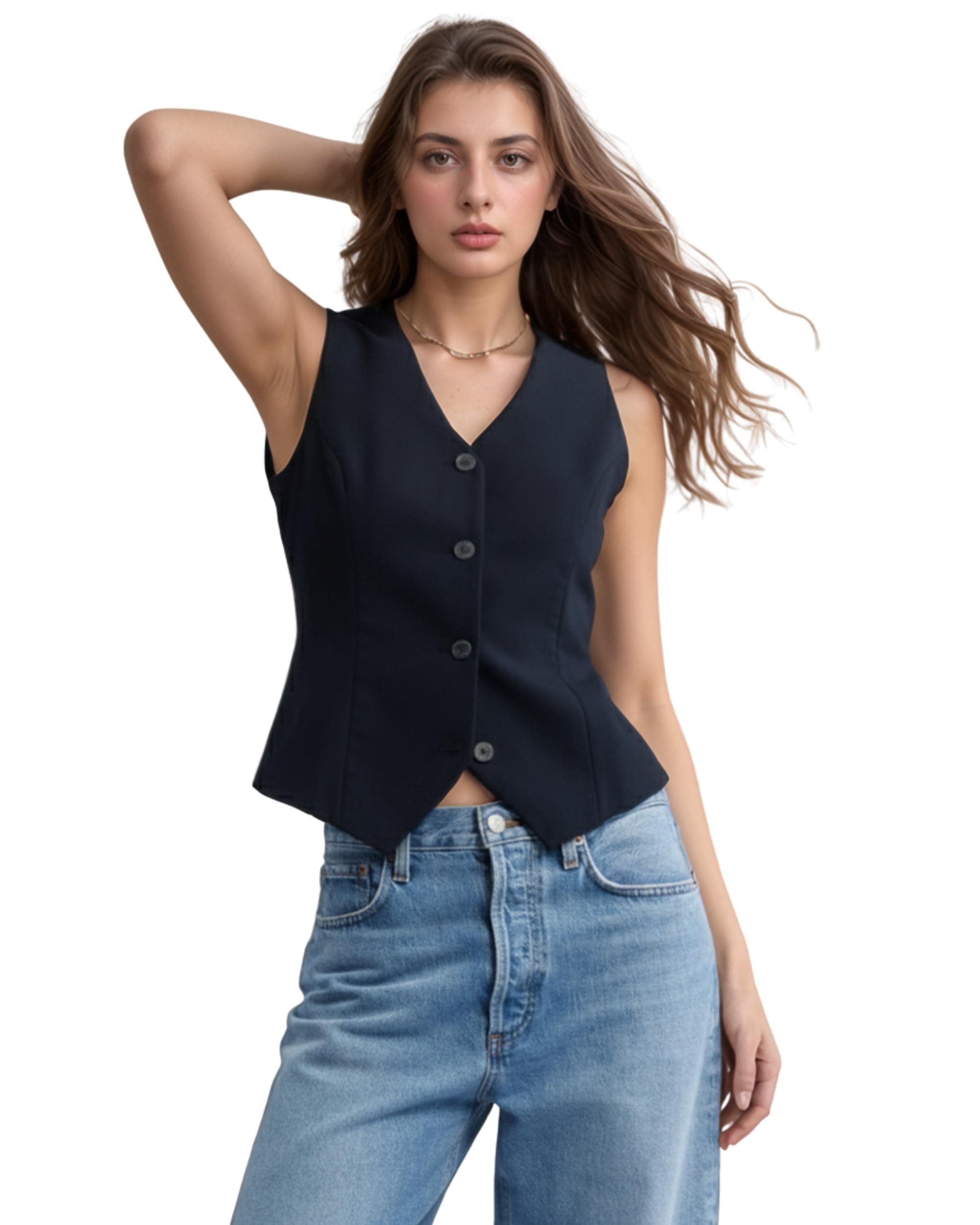 Rocksy Stylish V-Neck Waistcoat for Women, Stretchable, Regular Fit Formal & Casual Sleeveless Jacket Top.