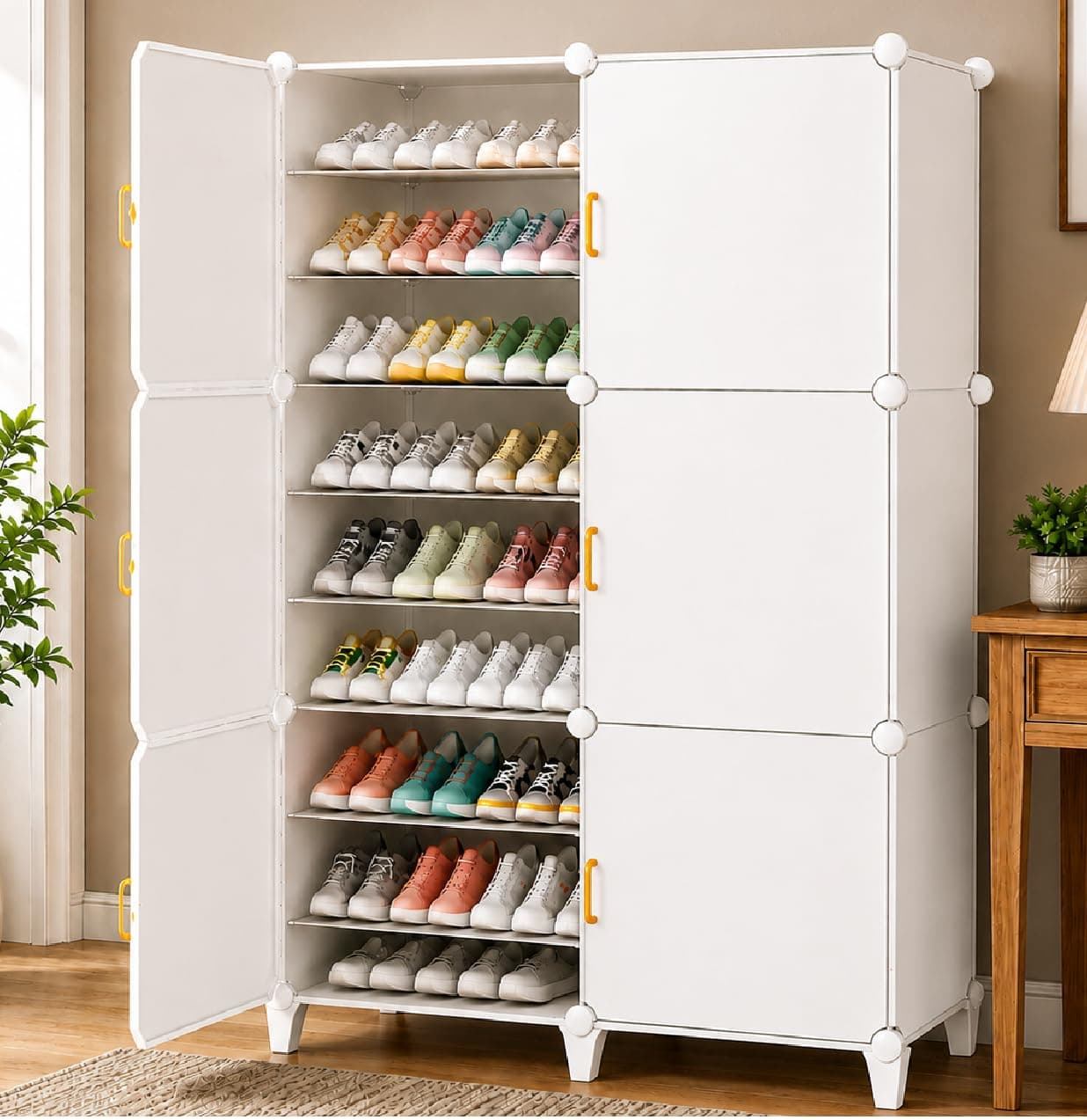 Exvito Plastic Shoe Rack for Home with Door, 6-Door Shoe Storage Cabinet | 18-Shelfs for 36 Pairs | Waterproof & Portable DIY Shoe Slipper & Chappal Stand for Entryway/Bedroom - HI3