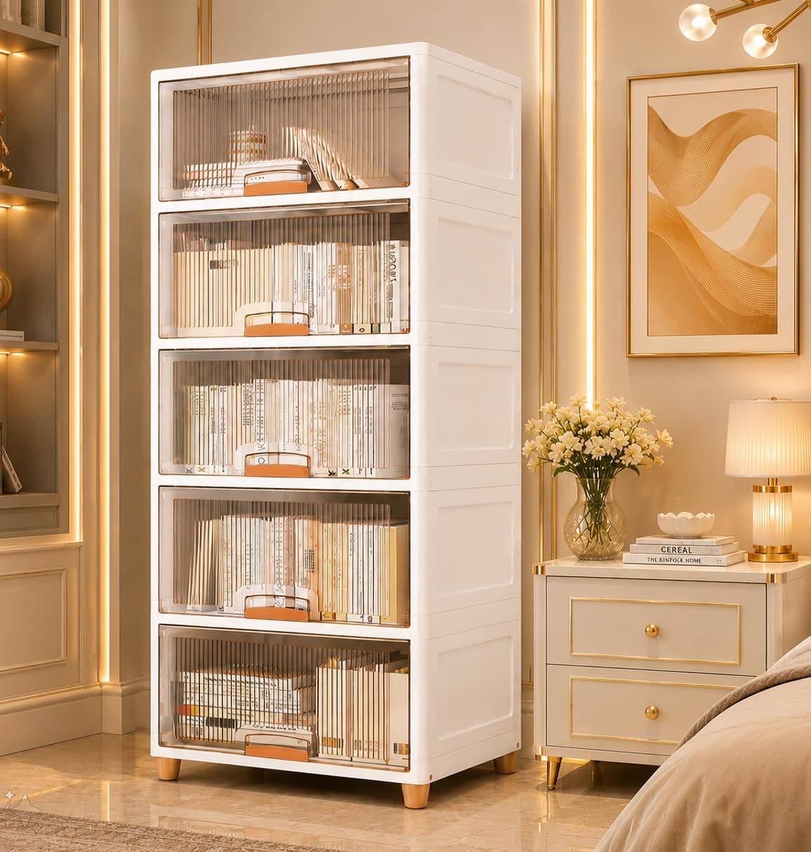 EXVITO 5 Tier Foldable Wardrobe for Bedroom Clothes Storage Cabinet | Collapsible Plastic Almirah Organizer with Magnetic Doors & Wheels | Stackable Cupboard for Clothes Storage - Beige