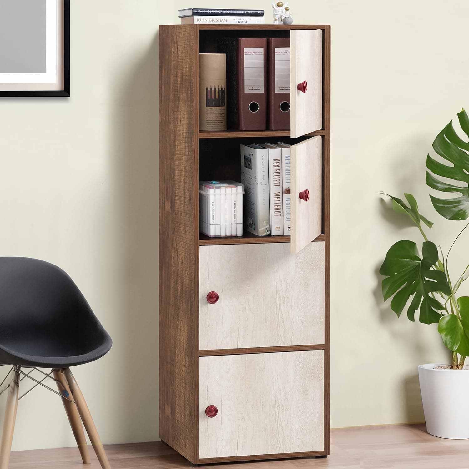 ABOUT SPACE Wooden Cabinet - 4 Tier Storage Cabinet for Living Room with Magnetic Door, Space Saving Book Self for Home, Engineered Wood Kitchen Crockery Unit (Walnut - L 38 x B 38.5 x H 133 cm)